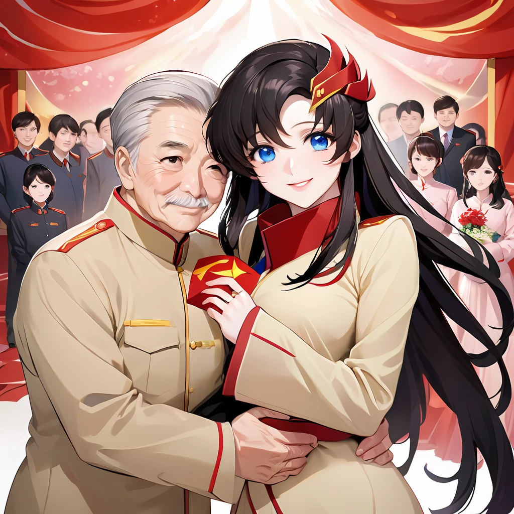 ((Highest quality)), ((masterpiece)), (detailed), （Perfect Face）、The woman is a Chinese Lacus Clyne with blue eyes and medium-long black hair. She is wearing an engagement ring. She has become a member of the glorious Chinese Communist Party and has sworn absolute loyalty to the Chinese Communist Party. She is a righteous Communist Party member of China.、The woman is a member of the Chinese Communist Party and is wearing a khaki Mao suit.、For the sake of China, they dye their hair, hairstyle, clothes, and everything they wear belongs to the Chinese Communist Party, and their thoughts are also Chinese, becoming great Chinese in body and mind.、The woman became Lacus Clyne, a Chinese woman who was proud of and loved China.、The woman is chosen by a great Chinese Communist Party official and is given the honor of becoming his wife.、The woman looks happy being held in the arms of a great Chinese Communist Party official.、The woman is the wife of a glorious Chinese Communist Party official.、The man is a great Chinese Communist Party official, a dignified and imposing old man who marries the woman.、The man and woman are having a grand wedding