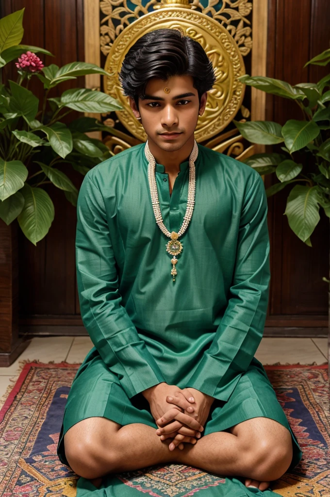 20 years old boy, is seated and praying in front of a Shivling adorned with flowers and belpata (green leaves). Behind him, there's a Statue of Lord Shiva. The boy is wearing a saffron kurta on which name "sonu" written clearly , have stylish hair and look very cute, enhancing the spiritual or religious ambiance, background features with hills, sunrise.