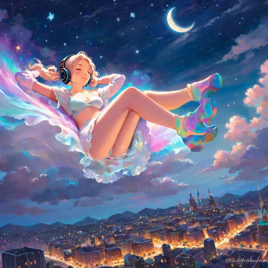 A stunningly woman wearing headphones and composed of a dazzling array of colors of stardust, lays gracefully on a fluffy cloud in the sky. Bathed in dynamic and enchanting night lighting, accentuates her vibrant, full-bodied form. Floating above a cityscape night. Twinkle stars and glowing moon. Fantasy art. Masterpiece