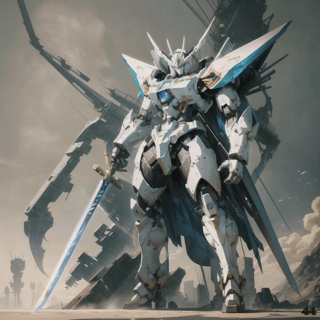 Arafed robot standing in front of a huge structure with a sword, alexandre ferra white mecha, anime large mecha robot, white mecha, 4K very detailed digital art, mecha art, concept art wallpaper 4K, anime mecha aesthetics, mecha animation, high-quality digital concept art