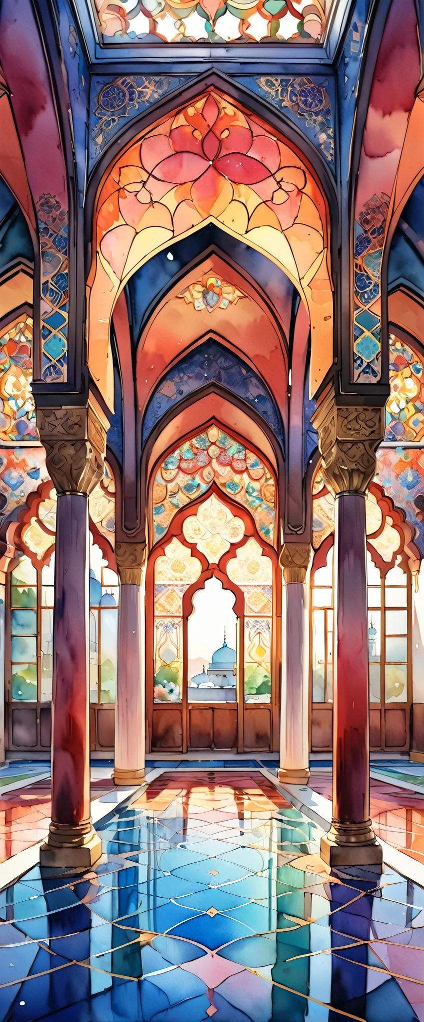 (masterpiece:1.2,Highest quality,Ultra-high resolution,Very detailed),(Beautiful mosque watercolor),8k,wallpaper,(A mosque decorated with beautiful arabesque patterns),(Watercolor splashes、Oozing、Blur、Blotting、Beautiful expression using the cassoulet technique)