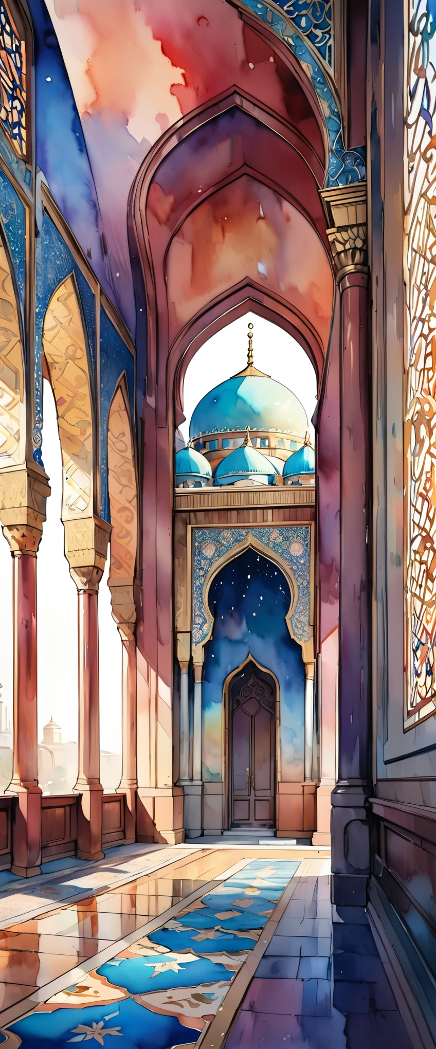 (masterpiece:1.2,Highest quality,Ultra-high resolution,Very detailed),(Beautiful mosque watercolor),8k,wallpaper,(A mosque decorated with beautiful arabesque patterns),(Watercolor splashes、Oozing、Blur、Blotting、Beautiful expression using the cassoulet technique)