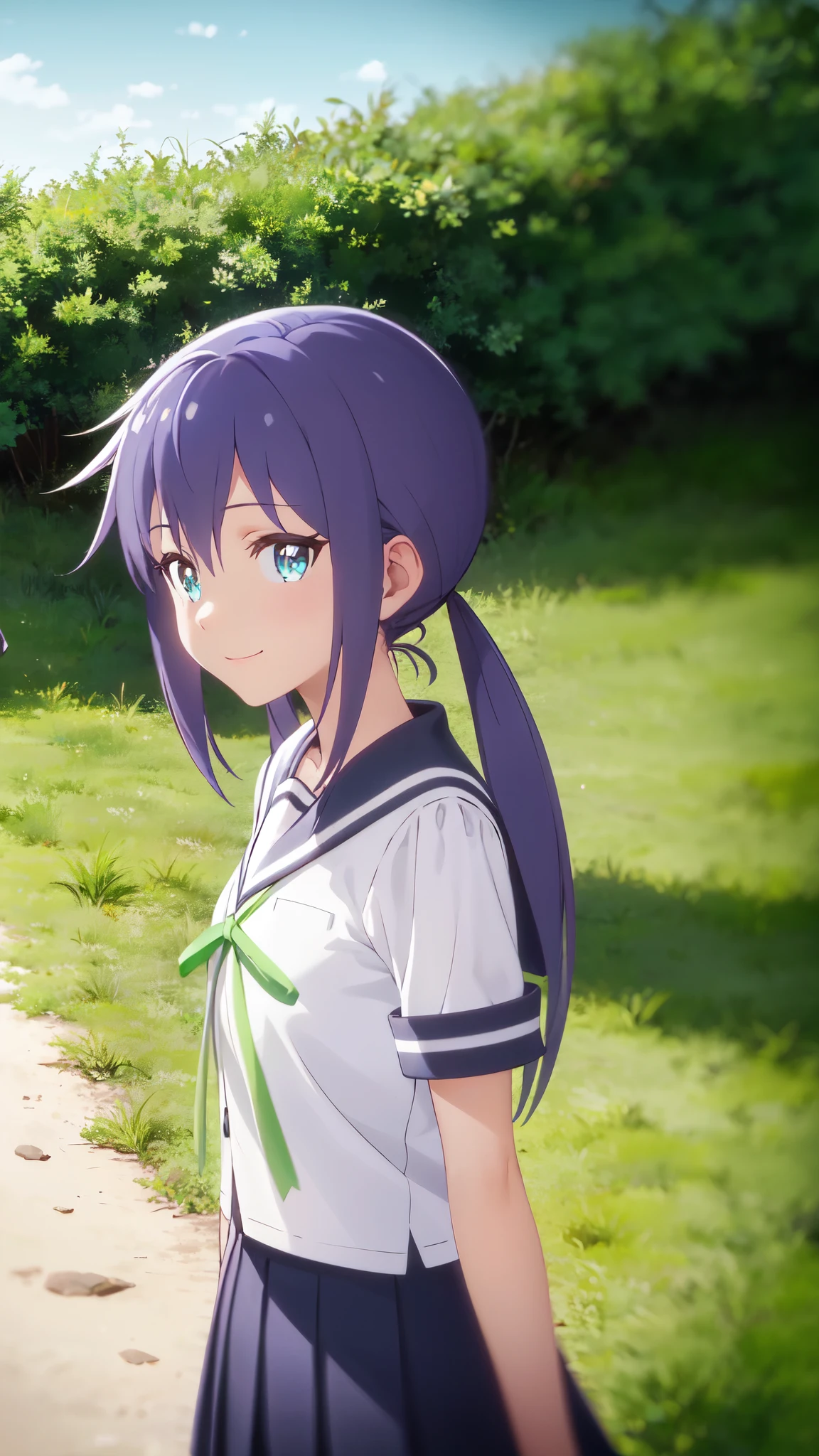 very cute and beautiful girl,(highly detailed beautiful face and eyes),Sailor suit, Short sleeve_uniform, uniform, green_ribbon, Navy Blue_skirt, standing,tiny colorful flowers on grassland,
(smile),looking at viewer,black hair,cowboy shot,
(best quality,masterpiece:1.0),absurdres,highres,ultra-detailed,extremely detailed,32K,
cinematic scene,detailed background,solo,dynamic angle,
hair fluttering in the wind,beautiful detailed sky,