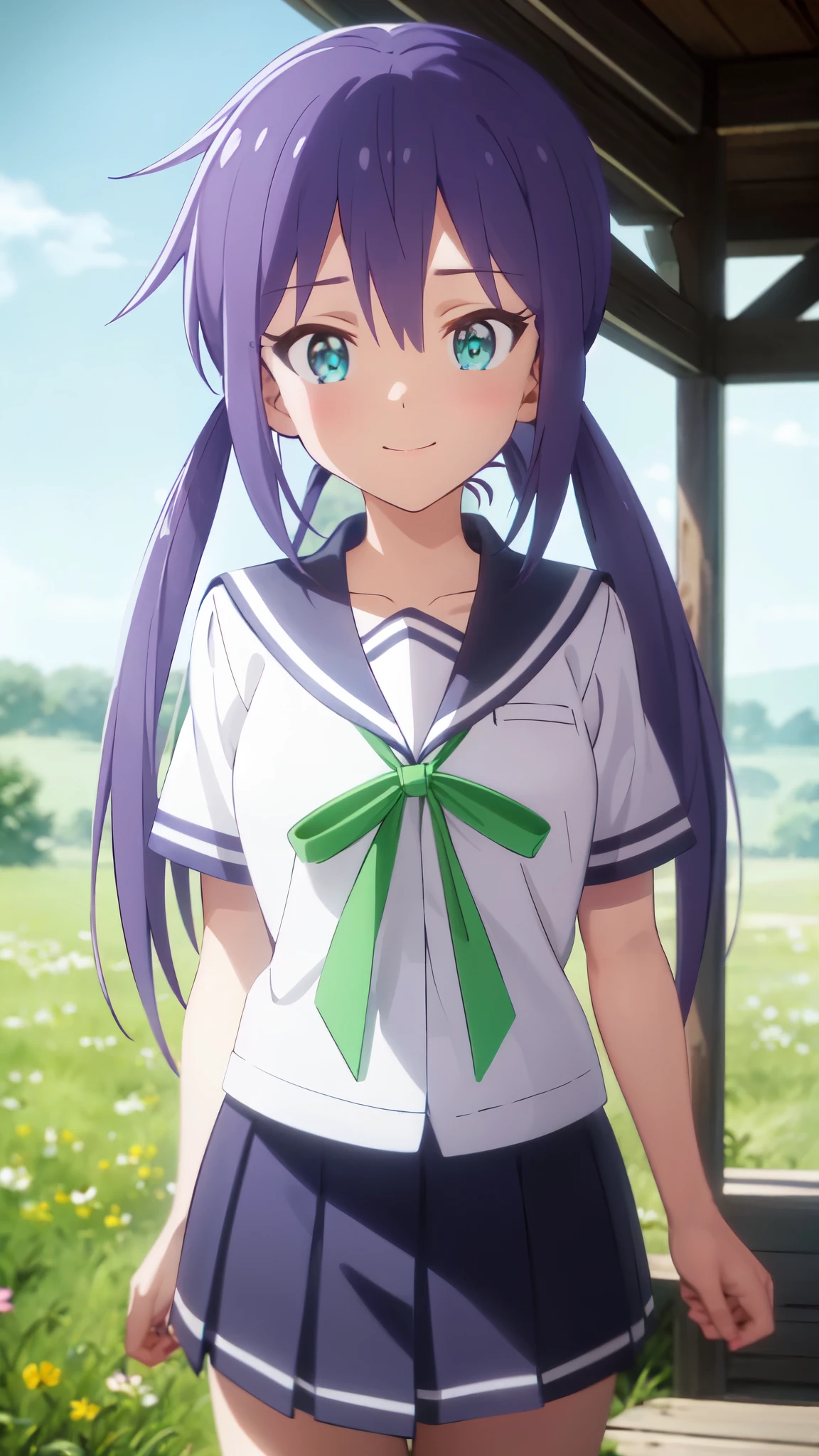 very cute and beautiful girl,(highly detailed beautiful face and eyes),Sailor suit, Short sleeve_uniform, uniform, green_ribbon, Navy Blue_skirt, standing,tiny colorful flowers on grassland,
(smile),looking at viewer,black hair,cowboy shot,
(best quality,masterpiece:1.0),absurdres,highres,ultra-detailed,extremely detailed,32K,
cinematic scene,detailed background,solo,dynamic angle,
hair fluttering in the wind,beautiful detailed sky,