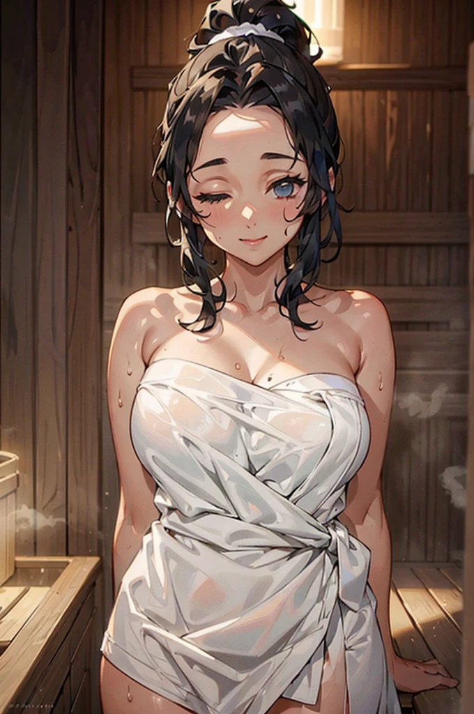 1 girl, alone, (masterpiece, highest quality, 8K, realistic, Real Girl, mulberry: 1.37), looking at the viewer, The whole body can be seen from a short distance, 18-year-old pretty Japan, slender body shape: 1.1, small breasts, sitting, sauna, double eyelid, droopy eyes, black hair, (Face wet with sweat, sweaty body: 1.2): 0.2, ( White oversized towel fabric dress, strapless: 1.2), (Small size, White towel turban: 1.1), Finnish sauna, realistic body, compensate, gloss lip, focus on face, small face, sharp focus, layered cut, facing the viewer, sauna hat, shot from the front, bright lighting