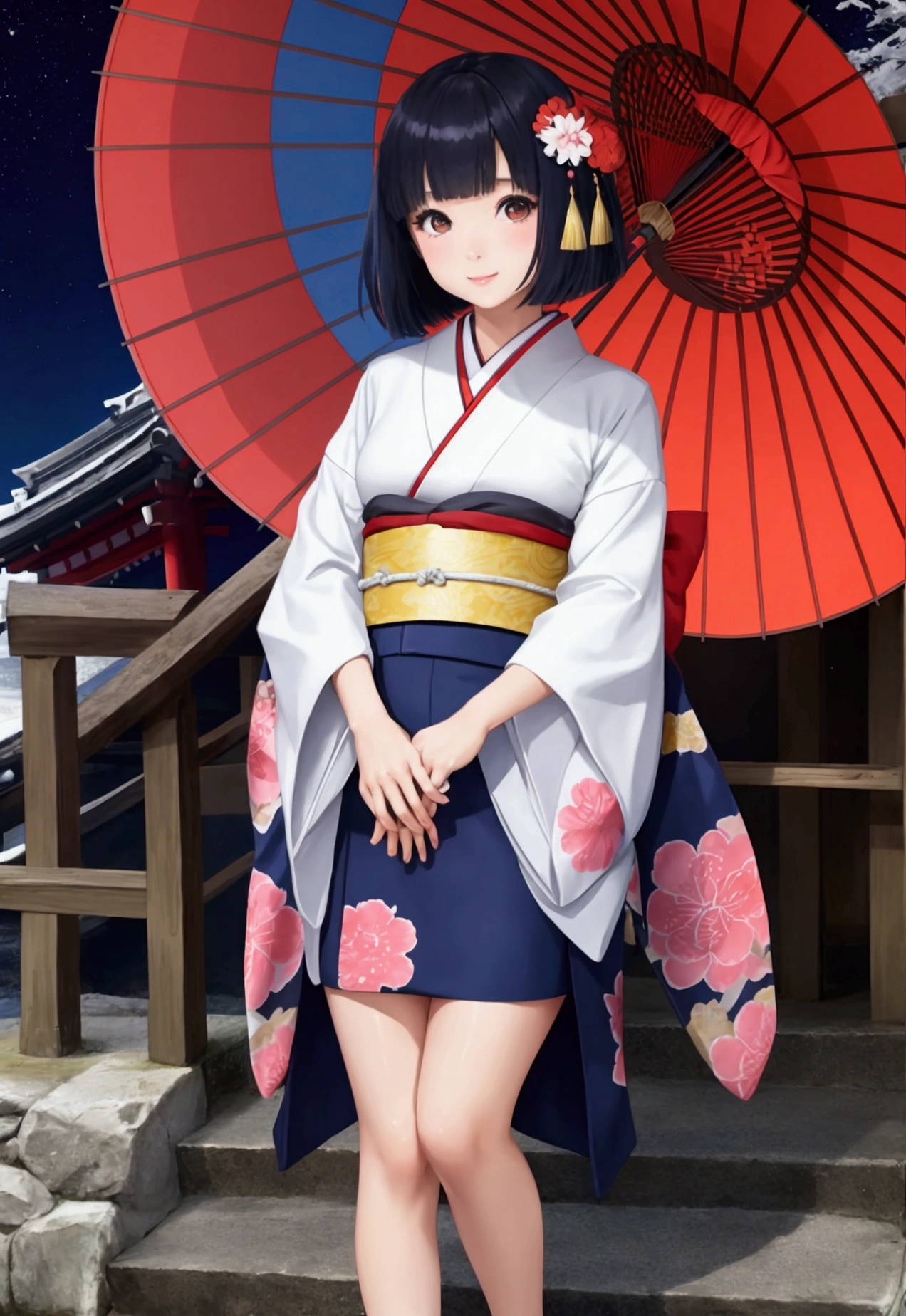 Bobcut,Japanese women,kimono、Japanese Umbrella、whole body,