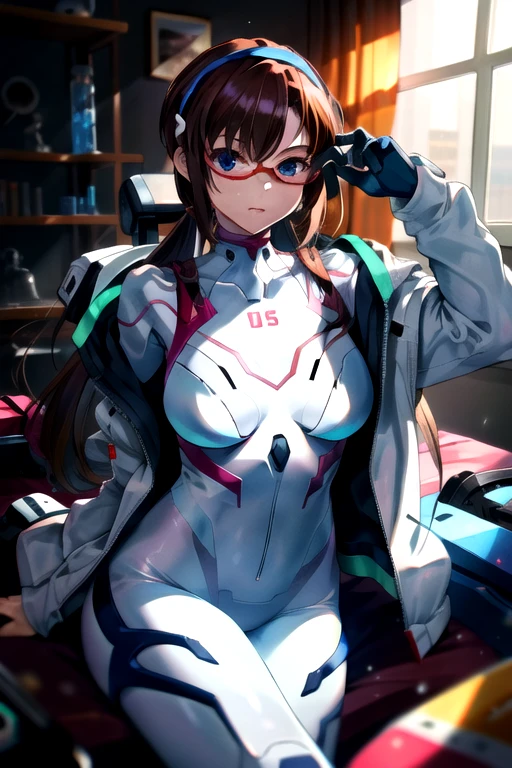 masterpiece,best quality,1girl,makinami mari illustrious,hairband,red-framed eyewear,white bodysuit,open jacket,sitting,indoors,bedroom,science fiction,cowboy shot,