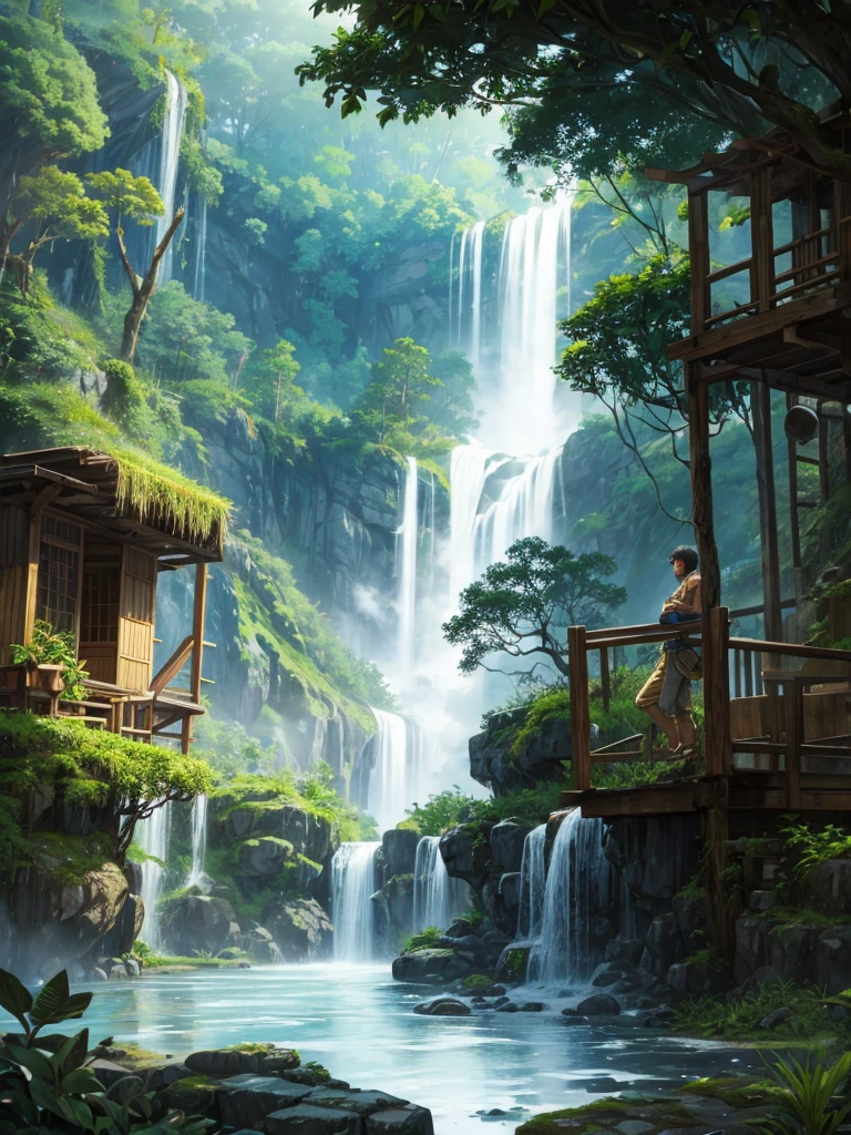 A waterfall in jungle with a steam in the Midjourney manga style