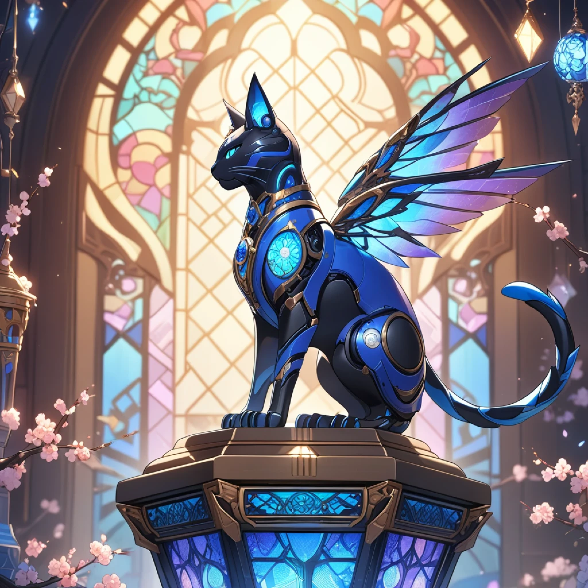 Close-up side view, cute fantasy glowing mechanical cat-like creature sitting on ornate pedestal, sapphire sharp shimmering wings with (intricate patterns), (sharp claws), glowing robotic eyes, intricate sparkling conduits, long ears, sparkling, blurry warm fantasy background, (glowing stained glass orbs), (blossoming branches), masterpiece, best quality, very aesthetic, absurdes, safe, SFW