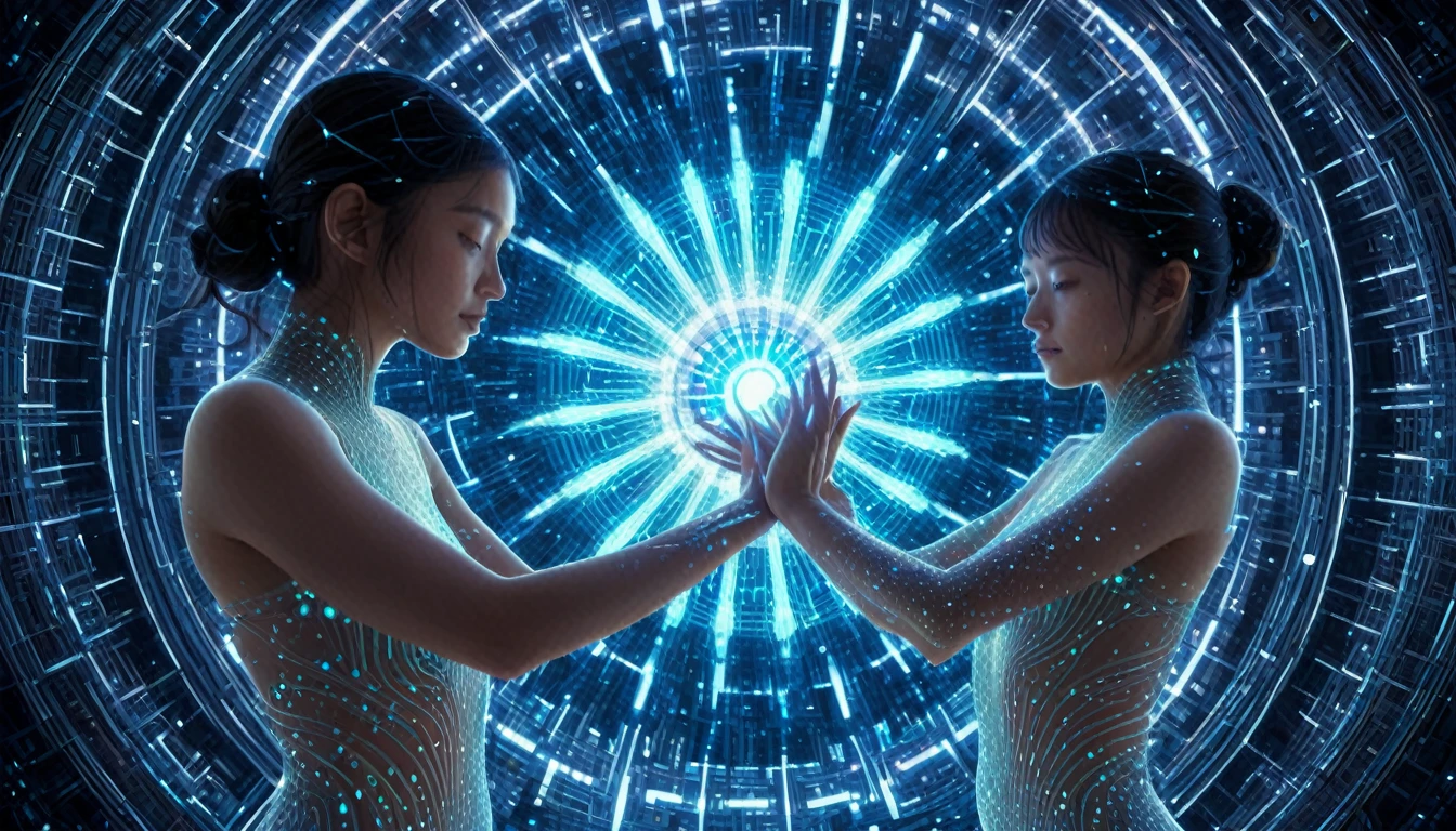 Girl and AI figure touching hands, bodies dissolving into swirling particles of light, 8k, highly detailed. Particles form intricate patterns blending circuitry with organic structures. Background is a kaleidoscope of geometric shapes and vibrant colors. Style: mix of photorealism and digital art. Inspiration: fractal art, cyberpunk aesthetics."
Negative prompt: "Solid forms, monochromatic, static composition, realistic background, harsh lines