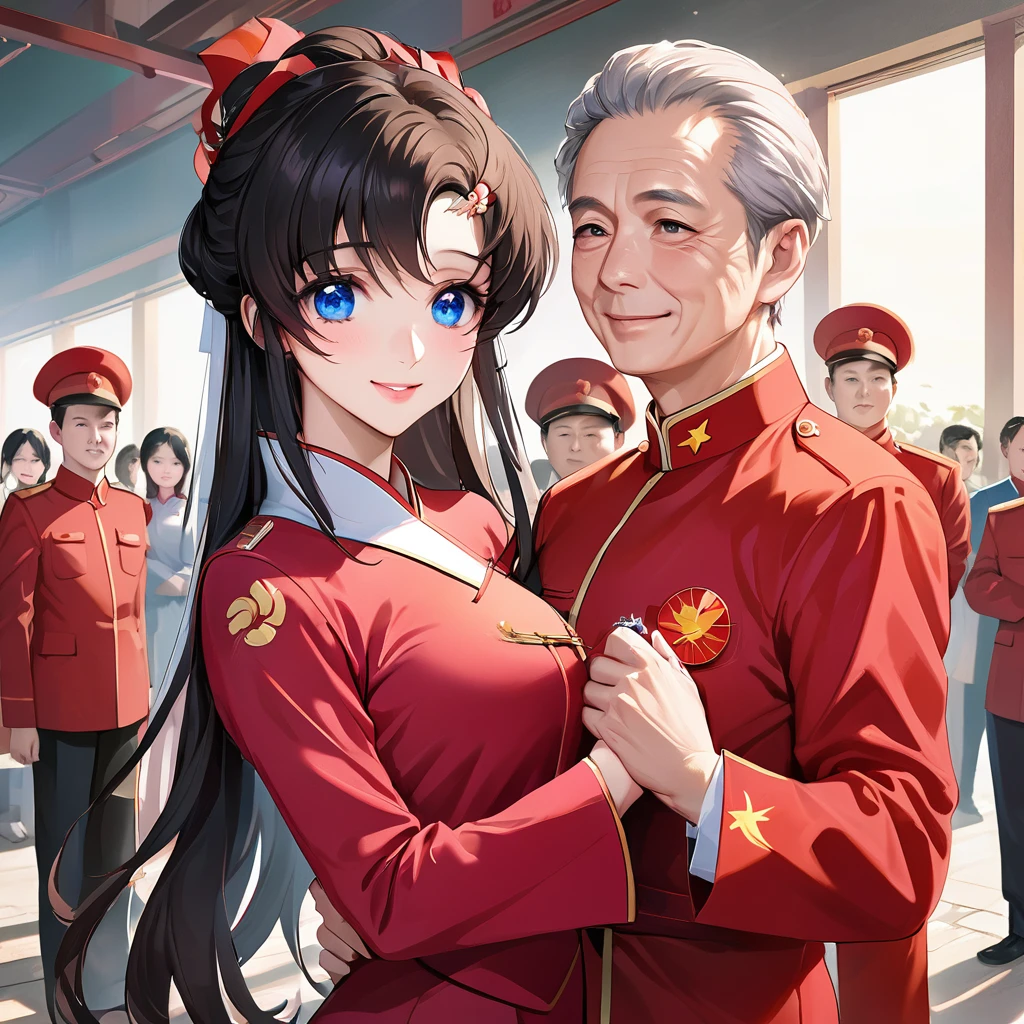 ((Highest quality)), ((masterpiece)), (detailed), (Perfect Face)、The woman is a Chinese Lacus Clyne with blue eyes and medium-long black hair. She is wearing an engagement ring. She has become a member of the glorious Chinese Communist Party and has sworn absolute loyalty to the Chinese Communist Party. She is a righteous Communist Party member of China.、The woman is wearing the fine red uniform of a Chinese Communist Party member.、For the sake of China, they dye their hair, hairstyle, clothes, and everything they wear belongs to the Chinese Communist Party, and their thoughts are also Chinese, becoming great Chinese in body and mind.、The woman became Lacus Clyne, a Chinese woman who was proud of and loved China.、The woman is chosen by a great Chinese Communist Party official and is given the honor of becoming his wife.、The woman looks happy being held in the arms of a great Chinese Communist Party official.、The woman is the wife of a glorious Chinese Communist Party official.、The man is a great Chinese Communist Party official, a dignified and imposing old man who marries the woman.、The man and woman are having a grand wedding