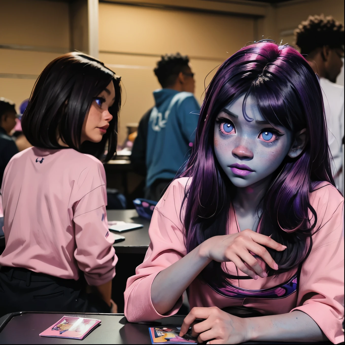 cute anime (zombie girl) with (dark purple straight hair), freckles, (((blue skin))), (((pink eyes))). Playing Yu-gi-oh TCG card game on a table against an afroamerican guy at a local tournament.