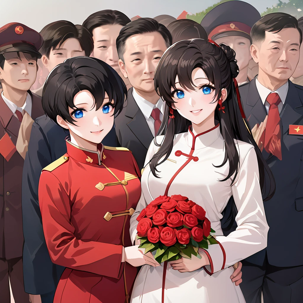 ((Highest quality)), ((masterpiece)), (detailed), (Perfect Face)、The woman is a Chinese Lacus Clyne with blue eyes and medium-long black hair. She is wearing an engagement ring. She has become a member of the glorious Chinese Communist Party and has sworn absolute loyalty to the Chinese Communist Party. She is a righteous Communist Party member of China.、The woman is a member of the Chinese Communist Party and is wearing a khaki Mao suit.、For the sake of China, they dye their hair, hairstyle, clothes, and everything they wear belongs to the Chinese Communist Party, and their thoughts are also Chinese, becoming great Chinese in body and mind.、The woman became Lacus Clyne, a Chinese woman who was proud of and loved China.、The woman is chosen by a great Chinese Communist Party official and is given the honor of becoming his wife.、The woman looks happy being held in the arms of a great Chinese Communist Party official.、The woman is the wife of a glorious Chinese Communist Party official.、The man is a great Chinese Communist Party official, a dignified and imposing old man who marries the woman.、The man and woman are having a grand wedding
