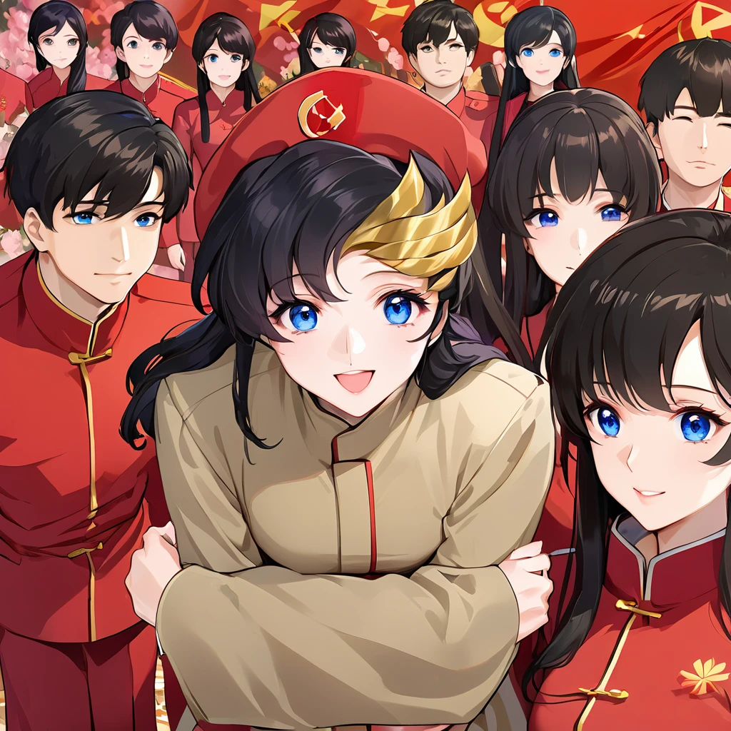 ((Highest quality)), ((masterpiece)), (detailed), （Perfect Face）、The woman is a Chinese Lacus Clyne with blue eyes and medium-long black hair. She is wearing an engagement ring. She has become a member of the glorious Chinese Communist Party and has sworn absolute loyalty to the Chinese Communist Party. She is a righteous Communist Party member of China.、The woman is a member of the Chinese Communist Party and is wearing a khaki Mao suit.、For the sake of China, they dye their hair, hairstyle, clothes, and everything they wear belongs to the Chinese Communist Party, and their thoughts are also Chinese, becoming great Chinese in body and mind.、The woman became Lacus Clyne, a Chinese woman who was proud of and loved China.、The woman is chosen by a great Chinese Communist Party official and is given the honor of becoming his wife.、The woman looks happy being held in the arms of a great Chinese Communist Party official.、The woman is the wife of a glorious Chinese Communist Party official.、The man is a great Chinese Communist Party official, a dignified and imposing old man who marries the woman.、The man and woman are having a grand wedding