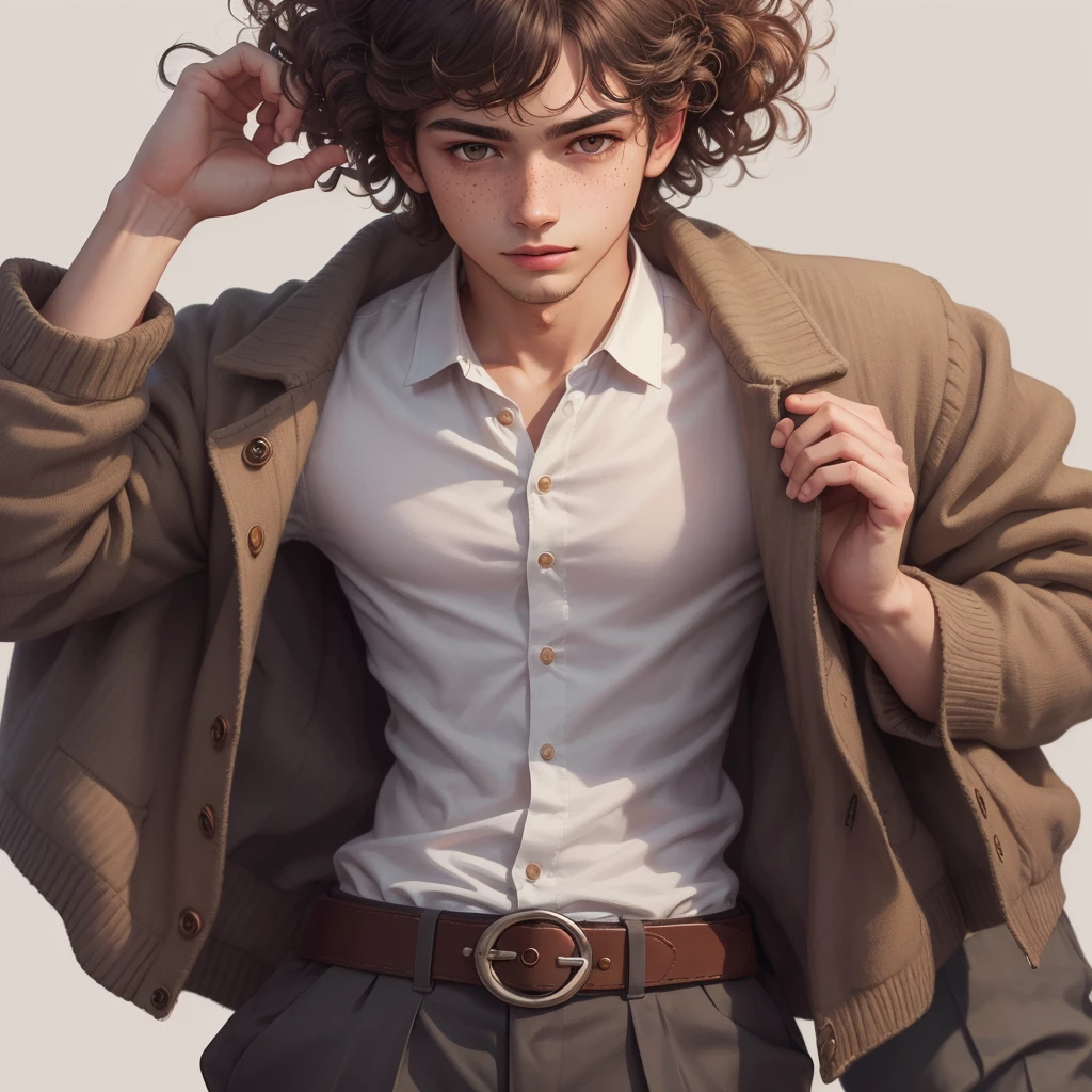 ((masterpiece)), (((Best quality))), illustration, 1 guy, bright skin, Brown eyes, freckles, curly hair, school clothes, Vyazannaya cardigan, trousers, White shirt, belt, relaxed posture, (simple background: 1.3) ,--6