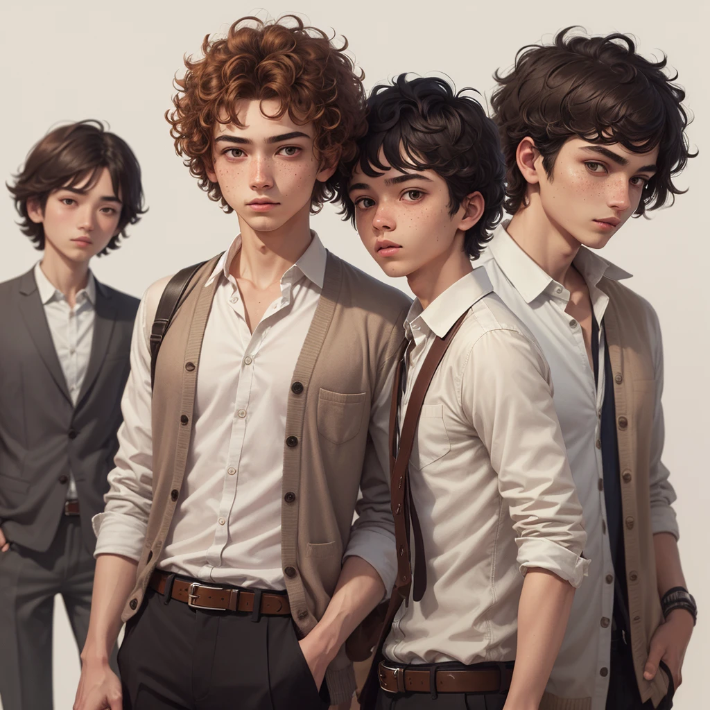 ((masterpiece)), (((Best quality))), illustration, 1 guy, bright skin, Brown eyes, freckles, curly hair, school clothes, Vyazannaya cardigan, trousers, White shirt, belt, relaxed posture, (simple background: 1.3) ,--6