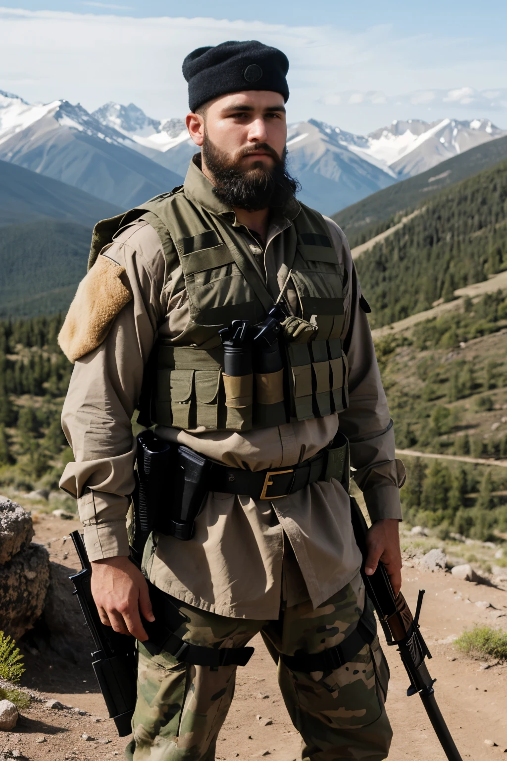 "Create an image of a warrior Chechen mujahideen man. He has a thick beard and wears traditional combat attire, including a camouflage jacket and a tactical vest. His expression is fierce and determined. He is equipped with weapons such as a rifle slung over his shoulder and a knife at his belt. The background should depict a rugged, mountainous landscape, emphasizing his battle-hardened nature and the harsh environment he operates in."