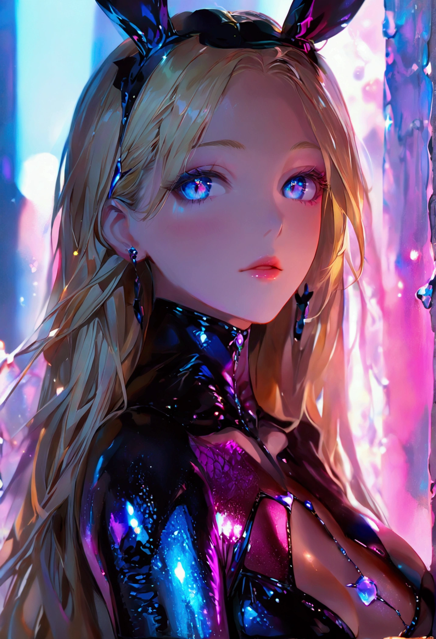 A young woman with long blonde hair, purple and blue gradient eyes with vibrant luminous hues, fair skin tone, bunnysuit, (detailed body), (detailed eyes) (masterpiece), (best quality), (ultra-detailed)