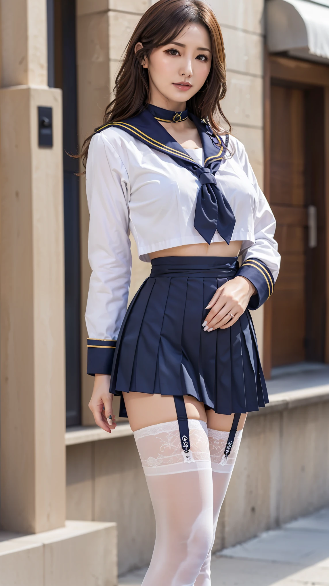 (masterpiece, Highest quality:1.2), One Mature Woman, alone, whole body, Big Breasts, Brown Hair, Brown eyes, Mature Woman, she is standing on the street, BREAK, (whole body画像:1.3), (From head to toe:1.3), BREAK, Front image, lipstick, (Sailor suit with navy blue collar and ribbon and white fabric:1.4), ((High quality fabric, A short sailor suit made of white fabric, Navy blue low waist, Pleated skirt)), ((Navy blue low waistPleated skirt)), ((超マイクロミニのPleated skirt:1.2)), Exposing your belly, BREAK, zettai ryouiki, Exposing your thighs, White skin, (Black garter stockings:1.4), ((Wear black high heels)), pubic hair, Her short skirt barely covers her pussy, (I like showing my crotch to the audience....., ), pubic hair,