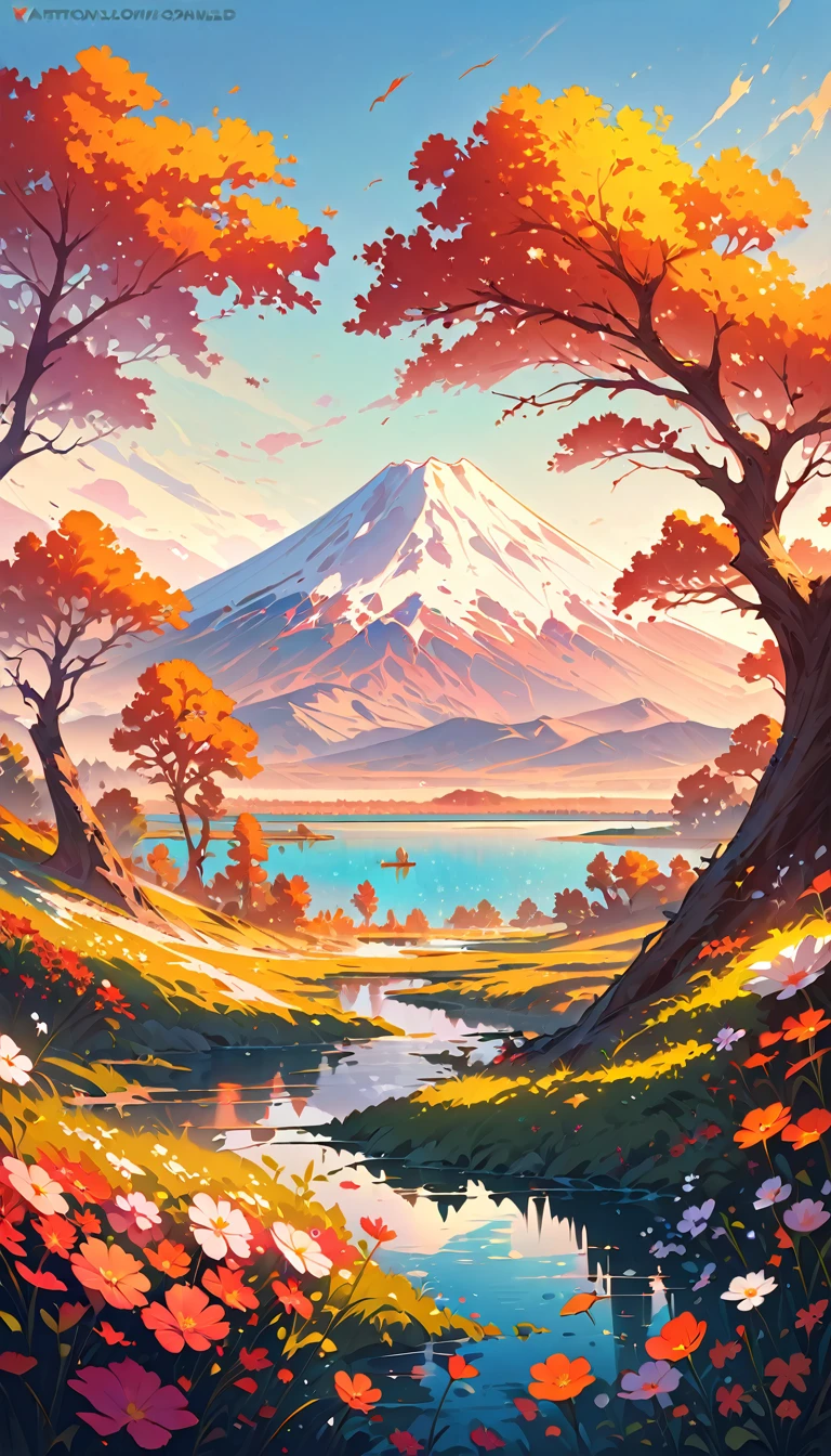 masterpiece, Highest quality, Highly detailed CG uniform 8k wallpaper, Flower bloom scenery, Mono Lake, Common Tree, Fuji Mountain, Award-winning photography, bokeh, Depth of written boundary, High Dynamic Range, bloom, Color Difference, Real, Popular Topics on ArtStation, Trending on CGSociety, Complex, Attention to detail, dramatic, Midway Art