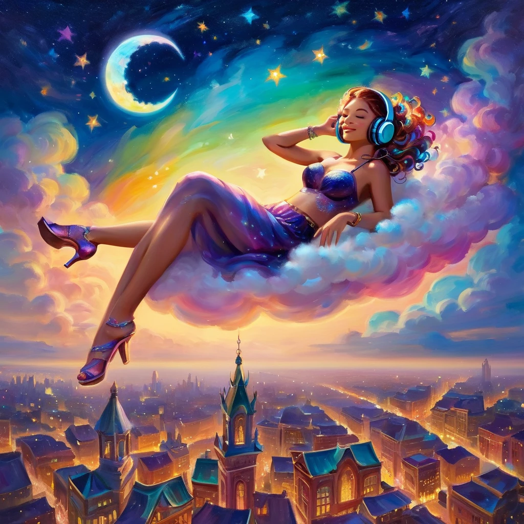 A stunningly woman wearing headphones and composed of a dazzling array of colors of stardust, lays gracefully on a  fluffy cloud in the sky. Bathed in dynamic and enchanting night  lighting, accentuates her vibrant, full-bodied form. Floating above a cityscape night. Twinkle stars and glowing moon. Fantasy art. Masterpiece 