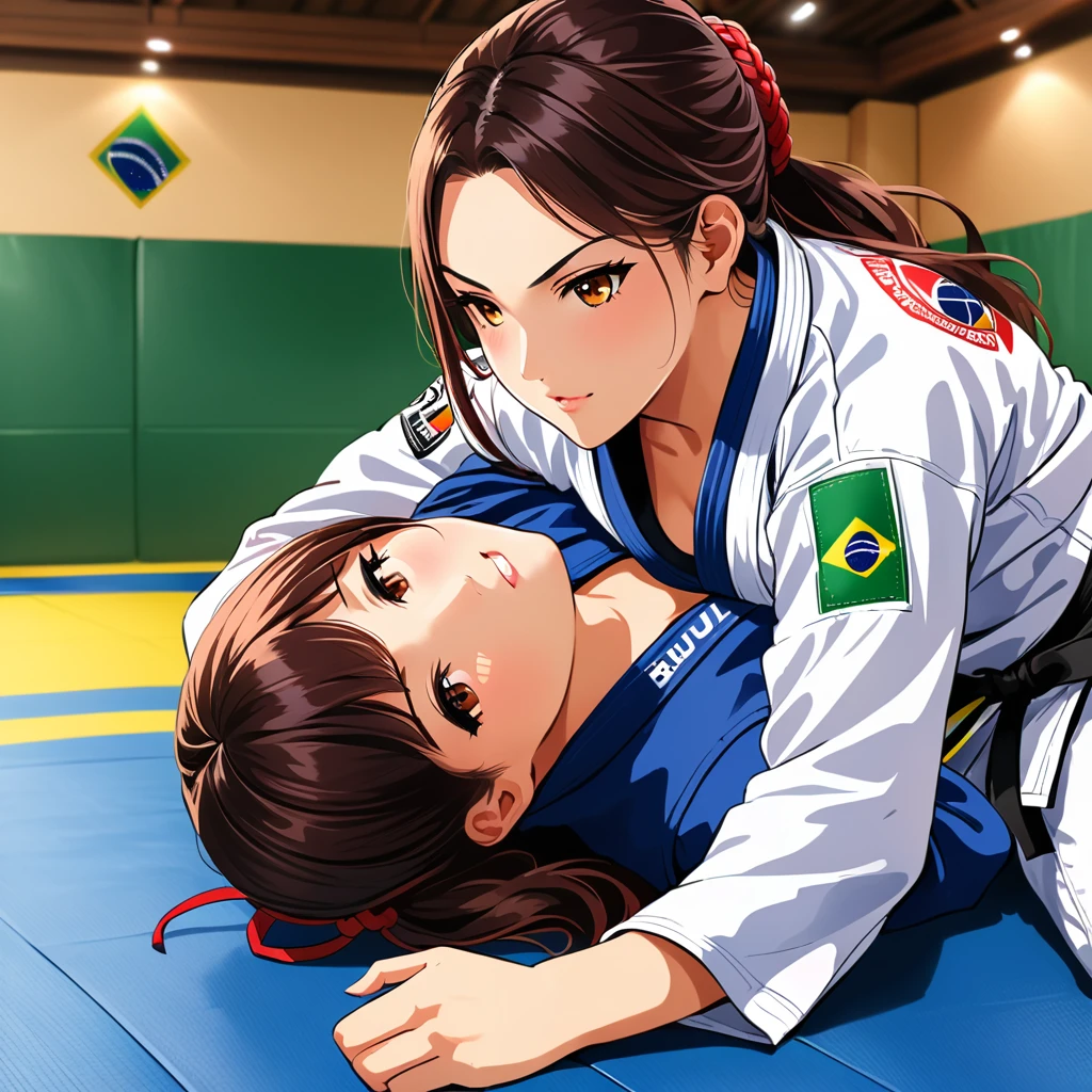 high quality,HD,16k,sharp lines,2 girl,Female brazilian jiu jitsu athlete ,cute face, large breasts, nice legs,At the brazilian jiu jitsu venue,focus girl,detailed beautiful face,detailed clothes,beautiful eyes,cool,dynamic angle,in a close and intense fight on a mat, showing their submission hold techniques with a lot of sweat on their body