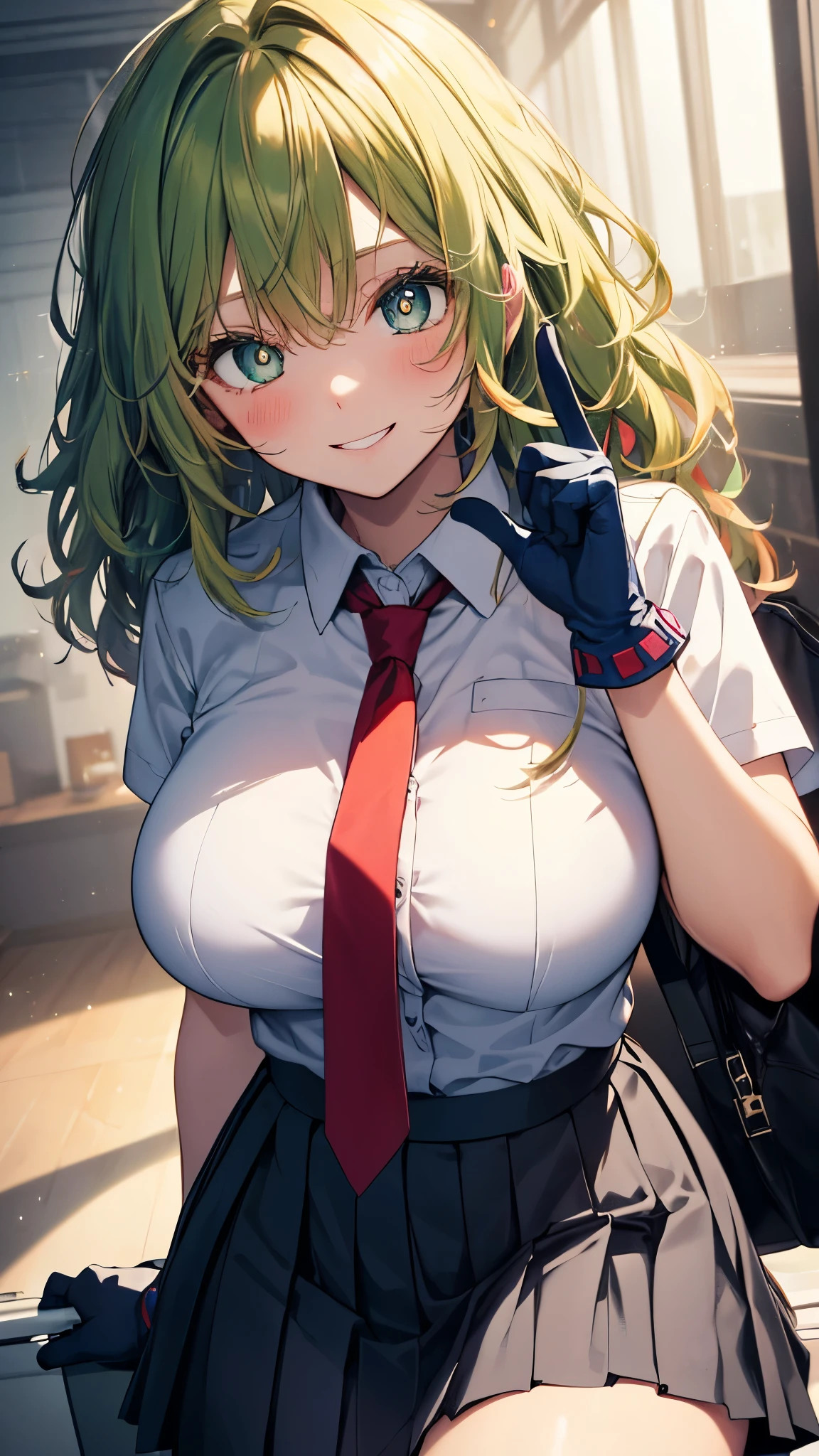 tooru hagakure, (green eyes), green hair,(messy hair, wavy hair:1.2),multicolored hair, thick eyelashes, two-tone hair,collared shirt, gloves, blue skirt, thighs,necktie, pleated skirt, red necktie, , shirt, skirt,white shirt,(huge breasts),cute Kawaii,cute finger hand,smile,blush,masterpiece,Noise Reduction,perfect anatomy,high resolution, ultra-detailed, ultra-detailed face,game cg,dutch angle ,beautiful detailed eyes,visualart,five fingers, perfect hands, perfect lighting, sparkling pupils,