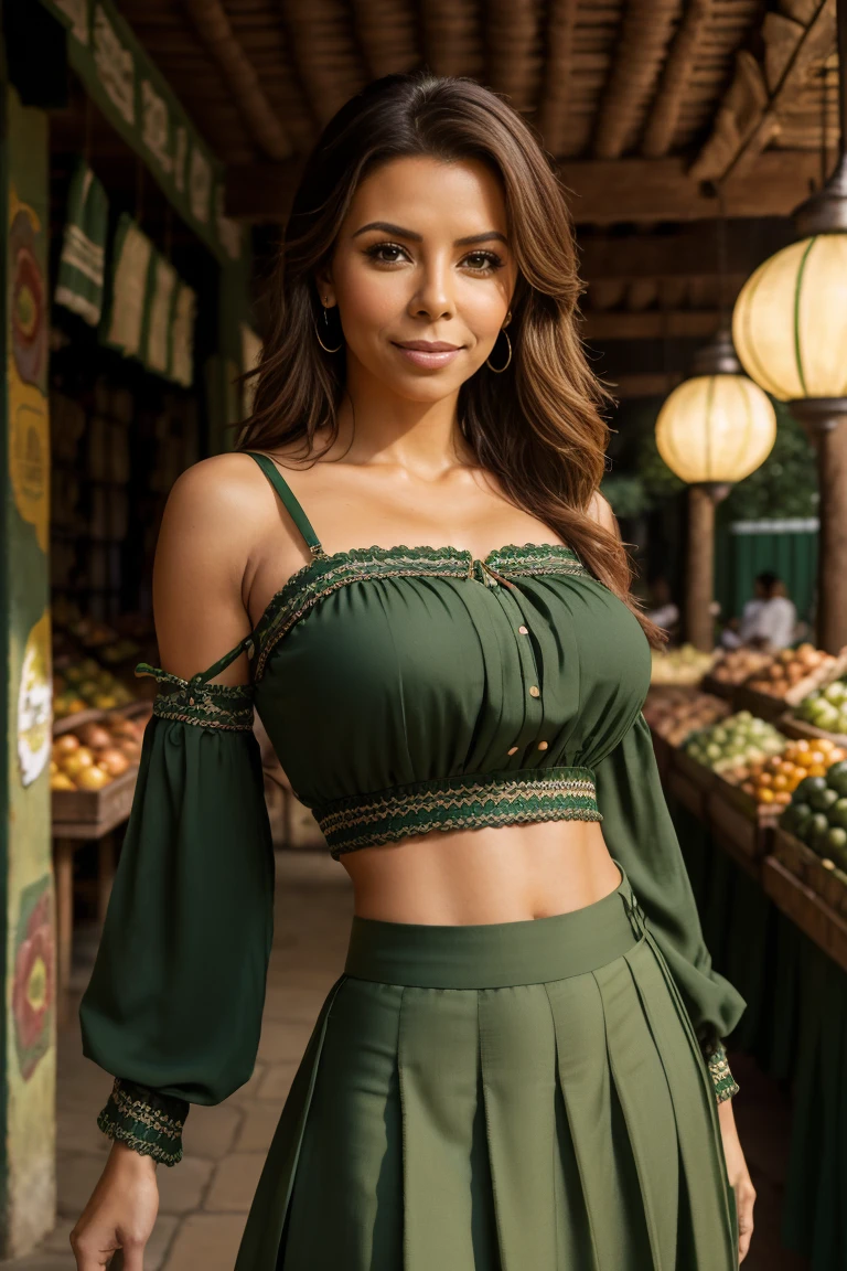 Hyperrealistic close-up photo of Eva Longoria,  masterpiece, Best Quality, (photorealistic:1.4), (green traditional mexican long skirt:1.2), (traditional green Mexican blouse with straps:1.2), Mexican city market, cinematic light, beautiful woman, skinny, medium breasts, Smooth brown fur, detailed face, smile, photo taken from a distance, 20 years old tears