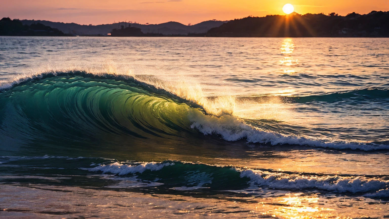 Spirit Ship、Wave pattern、masterpiece, sunset, beautiful waves