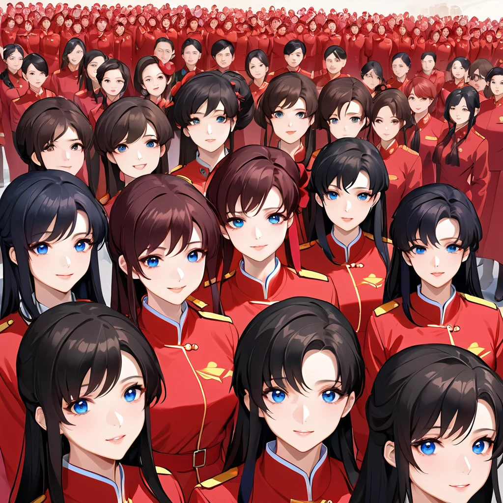 ((Highest quality)), ((masterpiece)), (detailed), (Perfect Face)、The woman is a Chinese Lacus Clyne with blue eyes and medium-long black hair. She is wearing an engagement ring. She has become a member of the glorious Chinese Communist Party and has sworn absolute loyalty to the Chinese Communist Party. She is a righteous Communist Party member of China.、The woman is wearing the fine red uniform of a Chinese Communist Party member.、For the sake of China, they dye their hair, hairstyle, clothes, and everything they wear belongs to the Chinese Communist Party, and their thoughts are also Chinese, becoming great Chinese in body and mind.、The woman became Lacus Clyne, a Chinese woman who was proud of and loved China.、She is working for China as a member of the great Chinese Communist Party.、The women lined up in orderly rows with their fellow Communist Party members at the ceremony, pledging their heartfelt loyalty to their beloved and great President, and expressing their enthusiastic support for the honor of serving him.