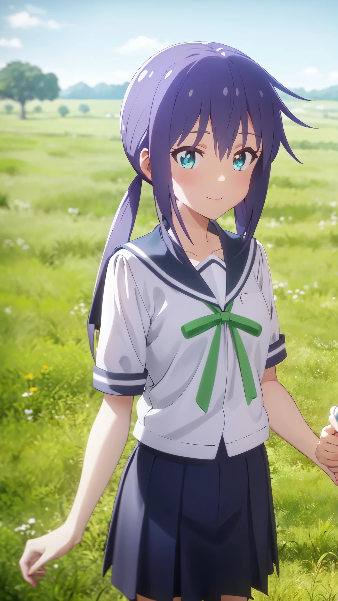 very cute and beautiful girl,(highly detailed beautiful face and eyes),Sailor suit, Short sleeve_uniform, uniform, green_ribbon, Navy Blue_skirt, standing,tiny colorful flowers on grassland,
(smile),looking at viewer,black hair,cowboy shot,
(best quality,masterpiece:1.0),absurdres,highres,ultra-detailed,extremely detailed,32K,
cinematic scene,detailed background,solo,dynamic angle,
hair fluttering in the wind,beautiful detailed sky,