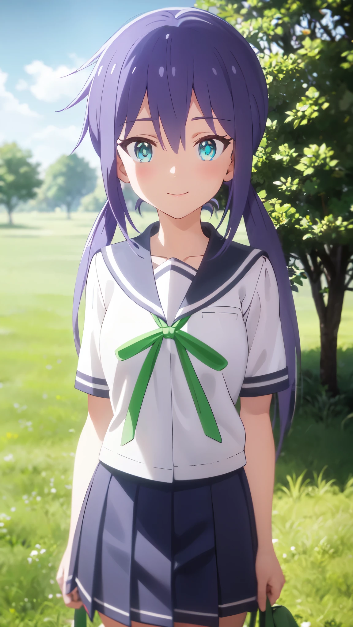 very cute and beautiful girl,(highly detailed beautiful face and eyes),Sailor suit, Short sleeve_uniform, uniform, green_ribbon, Navy Blue_skirt, standing,tiny colorful flowers on grassland,
(smile),looking at viewer,black hair,cowboy shot,
(best quality,masterpiece:1.0),absurdres,highres,ultra-detailed,extremely detailed,32K,
cinematic scene,detailed background,solo,dynamic angle,
hair fluttering in the wind,beautiful detailed sky,