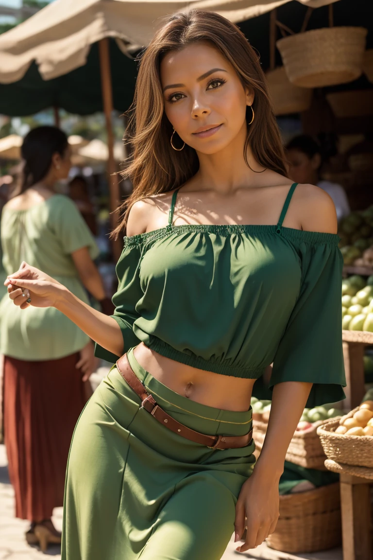 NSFW,, naked, nude, open legs pose, naked pussy, Hyperrealistic close-up photo of Eva Longoria, masterpiece, Best Quality, (photorealistic:1.4), (green traditional mexican long skirt:1.2), (traditional green Mexican blouse with straps:1.2), Mexican city market, cinematic light, beautiful woman, skinny, medium breasts, Smooth brown fur, detailed face, smile, photo taken from a distance, 20 years old tears