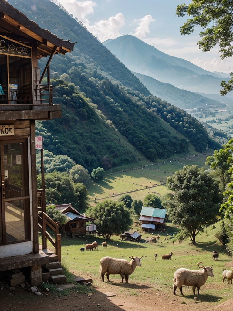 Ban Sheep Mae Khi, Chiang Mai Province, beautiful, bright view, on a mountain with 2-3 sheep, and a cafe which is a small hut in a vintage style. The mountain doesn&#39;t have to be many. Located on 1 mountain, brighter colors, removed people&#39;s houses, not many trees, 1 mountain.