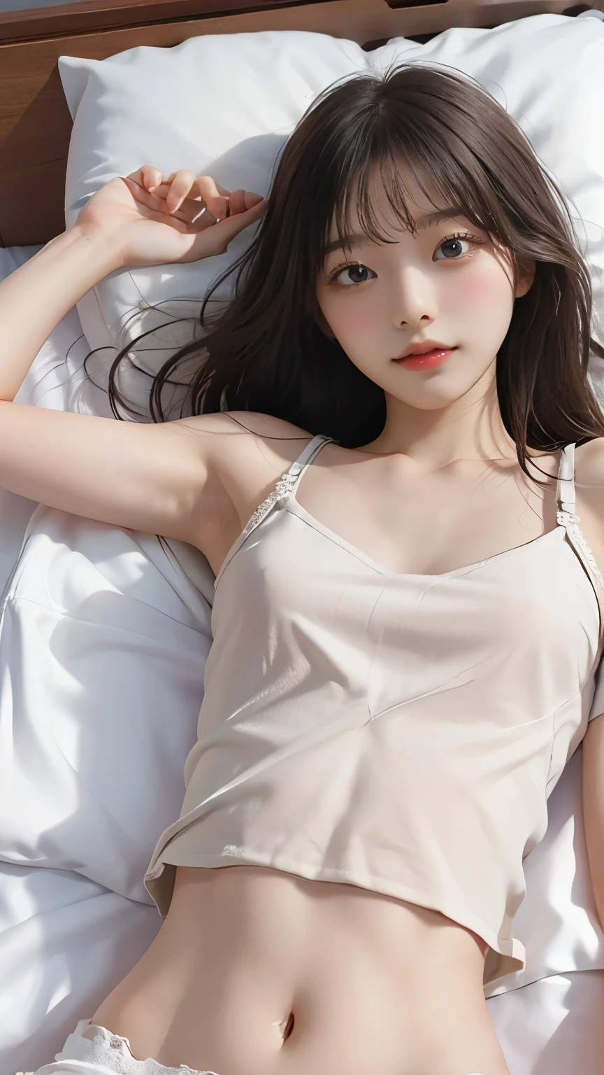 Best quality,Realistic,Masterpiece,detailed,high-resolution,Girl,flat chest,lying on my bed,(flat on back,lying on back:1.4)