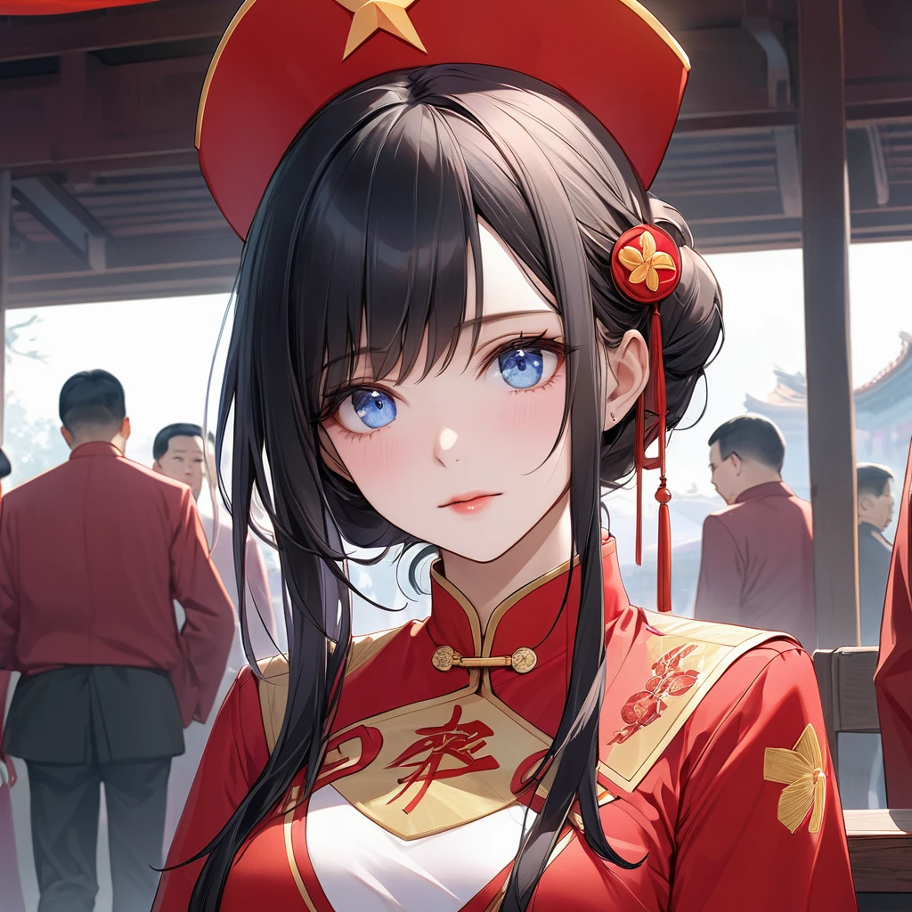 ((Highest quality)), ((masterpiece)), (detailed), (Perfect Face)、The woman is a Chinese Lacus Clyne with blue eyes and medium-long black hair. She is wearing an engagement ring. She has become a member of the glorious Chinese Communist Party and has sworn absolute loyalty to the Chinese Communist Party. She is a righteous Communist Party member of China.、The woman is wearing a magnificent Chinese Communist Party member's wedding dress.、For the sake of China, they dye their hair, hairstyle, clothes, and everything they wear belongs to the Chinese Communist Party, and their thoughts are also Chinese, becoming great Chinese in body and mind.、The woman became Lacus Clyne, a Chinese woman who was proud of and loved China.、The woman is chosen by a great Chinese Communist Party official and is given the honor of becoming his wife.、The woman looks happy being held in the arms of a great Chinese Communist Party official.、The woman is the wife of a glorious Chinese Communist Party official.、The man is a great Chinese Communist Party official, a dignified and imposing old man who marries the woman.、The man and woman are having a grand wedding