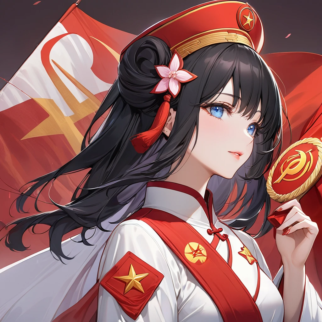 ((Highest quality)), ((masterpiece)), (detailed), (Perfect Face)、The woman is a Chinese Lacus Clyne with blue eyes and medium-long black hair. She is wearing an engagement ring. She has become a member of the glorious Chinese Communist Party and has sworn absolute loyalty to the Chinese Communist Party. She is a righteous Communist Party member of China.、The woman is wearing a magnificent Chinese Communist Party member's wedding dress.、For the sake of China, they dye their hair, hairstyle, clothes, and everything they wear belongs to the Chinese Communist Party, and their thoughts are also Chinese, becoming great Chinese in body and mind.、The woman became Lacus Clyne, a Chinese woman who was proud of and loved China.、The woman is chosen by a great Chinese Communist Party official and is given the honor of becoming his wife.、The woman looks happy being held in the arms of a great Chinese Communist Party official.、The woman is the wife of a glorious Chinese Communist Party official.、The man is a great Chinese Communist Party official, a dignified and imposing old man who marries the woman.、The man and woman are having a grand wedding