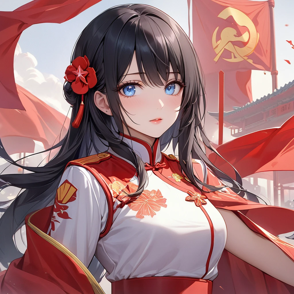 ((Highest quality)), ((masterpiece)), (detailed), （Perfect Face）、The woman is a Chinese Lacus Clyne with blue eyes and medium-long black hair. She is wearing an engagement ring. She has become a member of the glorious Chinese Communist Party and has sworn absolute loyalty to the Chinese Communist Party. She is a righteous Communist Party member of China.、The woman is wearing a magnificent Chinese Communist Party member&#39;s wedding dress.、For the sake of China, they dye their hair, hairstyle, clothes, and everything they wear belongs to the Chinese Communist Party, and their thoughts are also Chinese, becoming great Chinese in body and mind.、The woman became Lacus Clyne, a Chinese woman who was proud of and loved China.、The woman is chosen by a great Chinese Communist Party official and is given the honor of becoming his wife.、The woman looks happy being held in the arms of a great Chinese Communist Party official.、The woman is the wife of a glorious Chinese Communist Party official.、The man is a great Chinese Communist Party official, a dignified and imposing old man who marries the woman.、The man and woman are having a grand wedding
