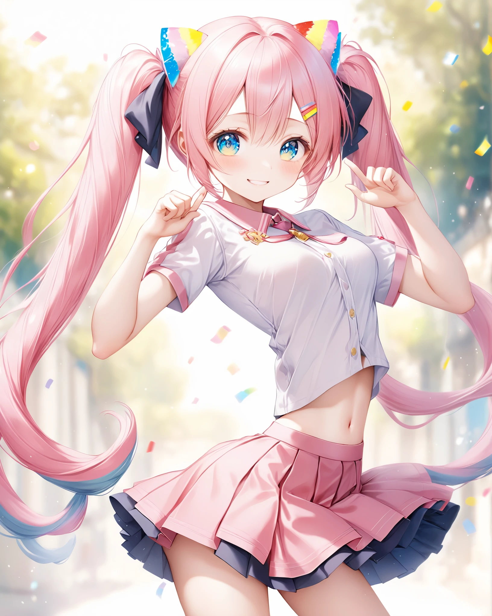 ((Highest quality, 8k, 32K, masterpiece, Ultra-high resolution,:1.2),born, One girl,Super cute , Fantasy Background, Clear, shining eyes, 20-year-old ,Fair skin, Pink Hair Girl, keep your spirits up, expensive, uniform, mini skirt,D cup breasts，学born服，An innocent smile，Nyan Nyan Pose，Twin tails