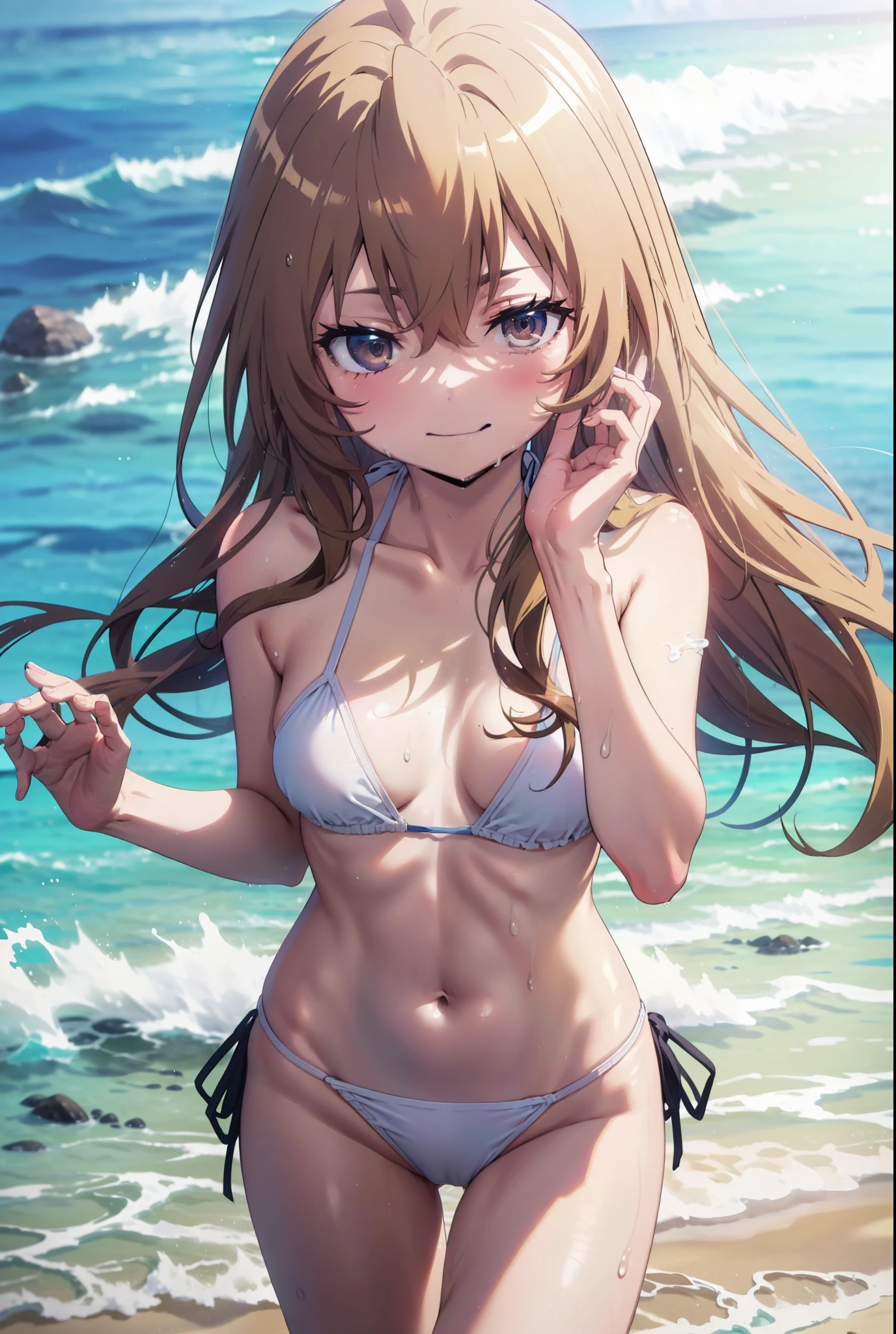 Aisaka Taiga, Aisaka Taiga, Long Hair, Brown Hair, Brown eyes,happy smile,smile, Close your mouth,White string bikini swimsuit,barefoot,Water Play,Wet swimsuit,Wet Hair,Wet Skin,whole bodyがイラストに入るように,　　　　　　　　　　　　  　　　　　break looking at viewer, whole body, (Cowboy Shot:1. 5)　　　　　
break outdoors,Beach,Ocean,
break (masterpiece:1.2), Highest quality, High resolution, unity 8k wallpaper, (shape:0.8), (Beautiful attention to detail:1.6), Highly detailed face, Perfect lighting, Highly detailed CG, (Perfect hands, Perfect Anatomy),