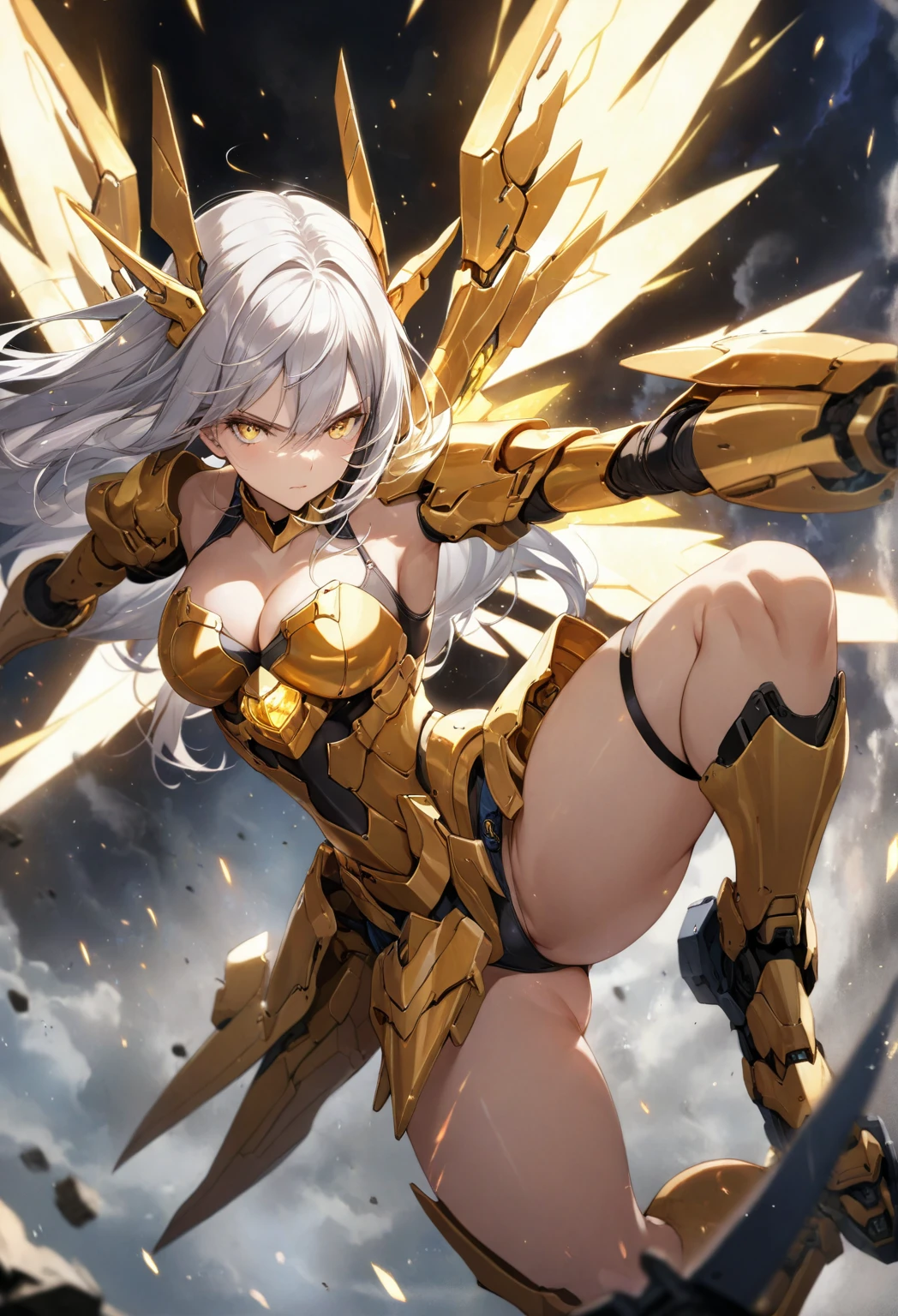 score_9_up, score_8_up, score_7_up, source_anime,masterpiece, best quality, high resolution, extremely detailed CG, absurdres, highres, 1girl, solo, a mecha girl in golden armor with glowing mecha_wings fights at battlefield, ((body surrounded by yellow Battle Aura and lighting)), wings of light, long hair, white_hair, glaring, cleavage, thighs, off-shoulder, (((Shining Armor, glittering Armor))),((mecha wings)), headgear, flying, blue sky, full body, from below, Futuristic, ((aura,Battle Aura, lighting),good_hands