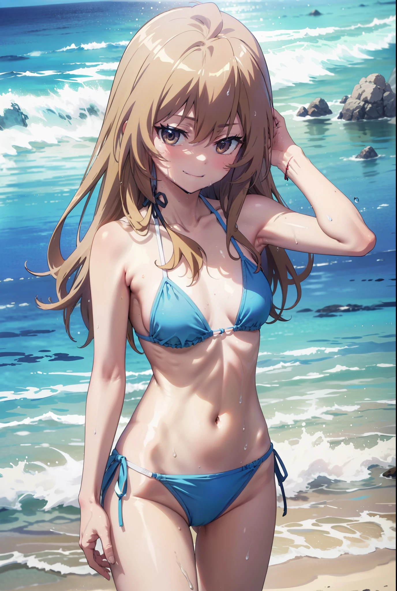Aisaka Taiga, Aisaka Taiga, Long Hair, Brown Hair, Brown eyes,happy smile,smile, Close your mouth,White string bikini swimsuit,barefoot,Water Play,Wet swimsuit,Wet Hair,Wet Skin,whole bodyがイラストに入るように, break looking at viewer, whole body, (Cowboy Shot:1. 5)
break outdoors,Beach,Ocean,
break (masterpiece:1.2), Highest quality, High resolution, unity 8k wallpaper, (shape:0.8), (Beautiful attention to detail:1.6), Highly detailed face, Perfect lighting, Highly detailed CG, (Perfect hands, Perfect Anatomy),