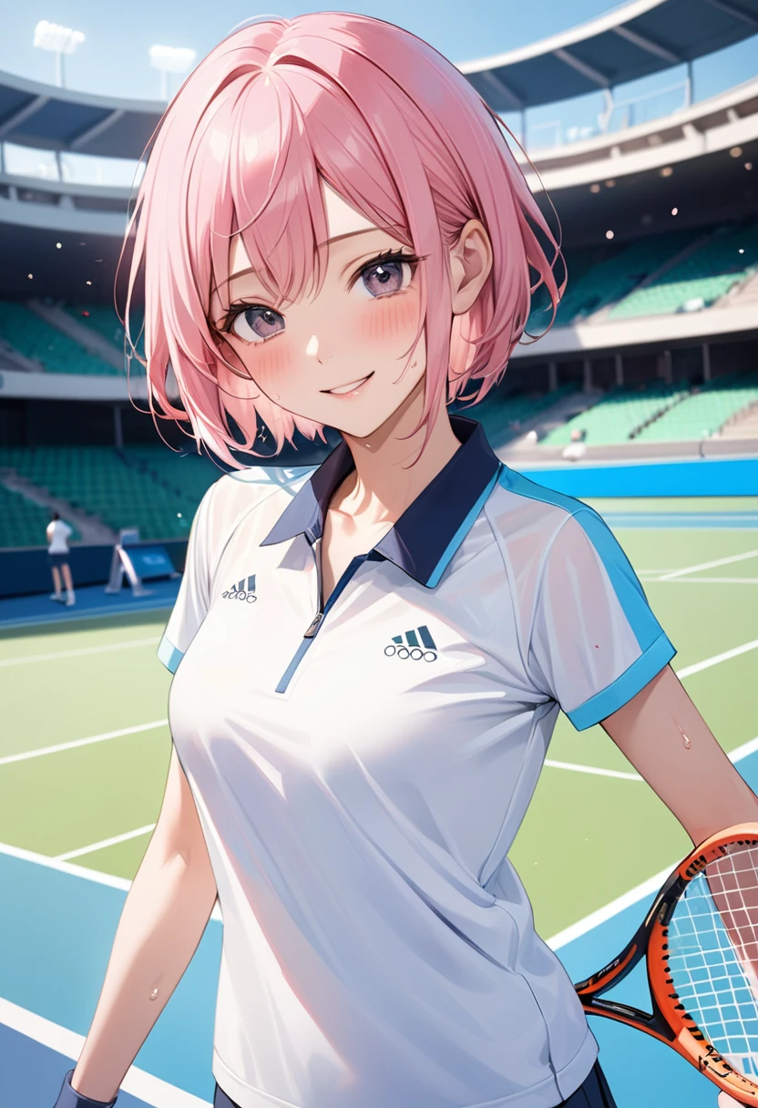 Pink hair, 1 woman, masterpiece, best quality, best quality, delicate and dynamic, very delicate expression, delicate eye description, erotic, only sexy woman, ((cute and friendly face)), healthy appearance, ((25 year old woman)), 160cm tall, (Short hair), (pink hair:1.5), black eye, blush, sweat,best quality, masterpiece, tennis olympic stadium, sweat, Smiling, tennis olympic uniforms, no bra, vaccinia