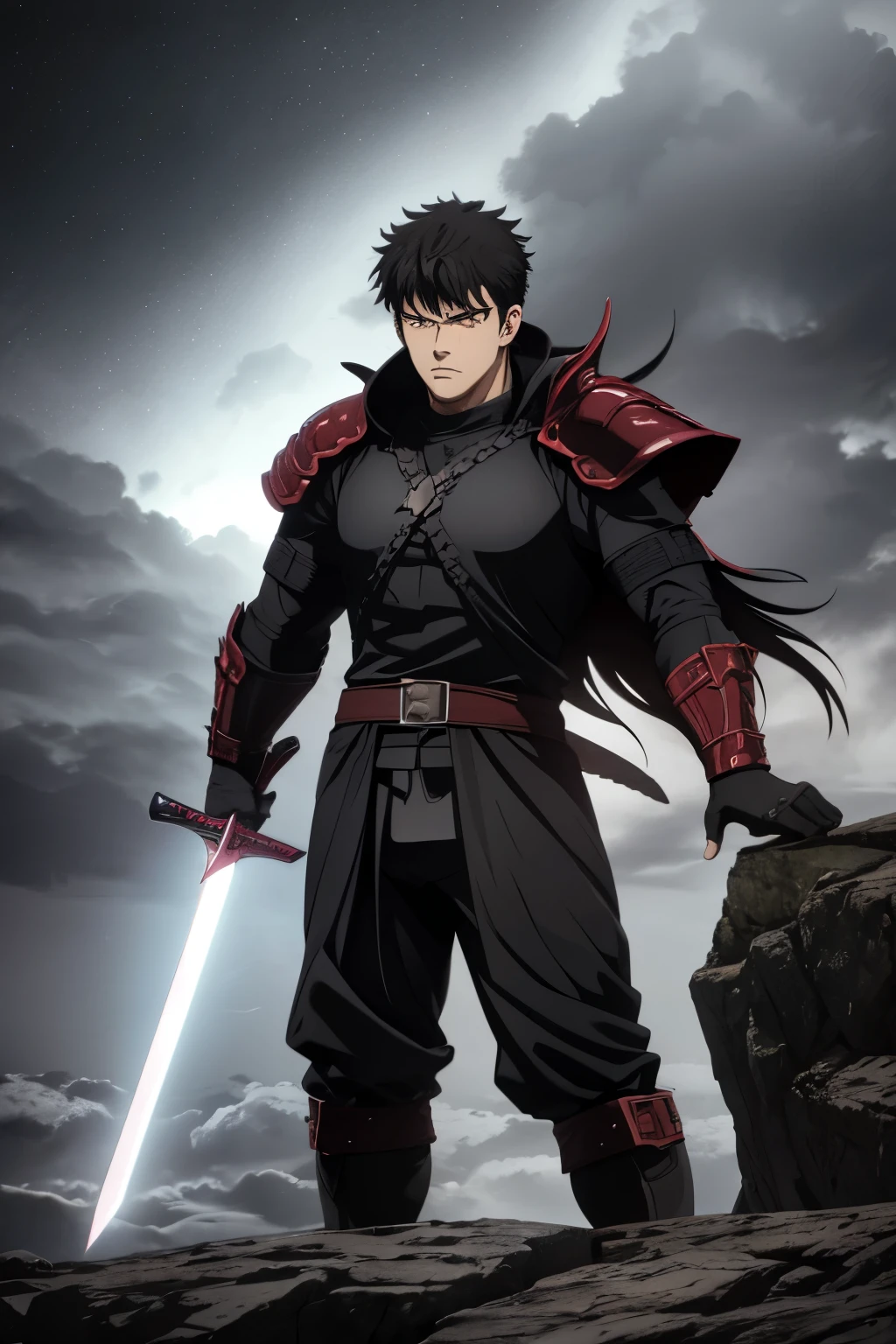 

**"Create a dynamic scene featuring Guts from *Berserk*, standing atop a rocky cliff under a stormy sky. He is clad in his iconic black armor, with the Dragon Slayer sword resting on his shoulder. The wind blows through his long, dark hair, and his expression is fierce and determined. In the background, dark clouds gather, hinting at an impending battle, while flashes of lightning illuminate the scene. Capture the dark fantasy aesthetic, emphasizing the raw emotion and intensity of Guts' character."**

High Resolution, beautiful face, beautiful eyes, beautiful mouth, beautiful hands, beautiful sword