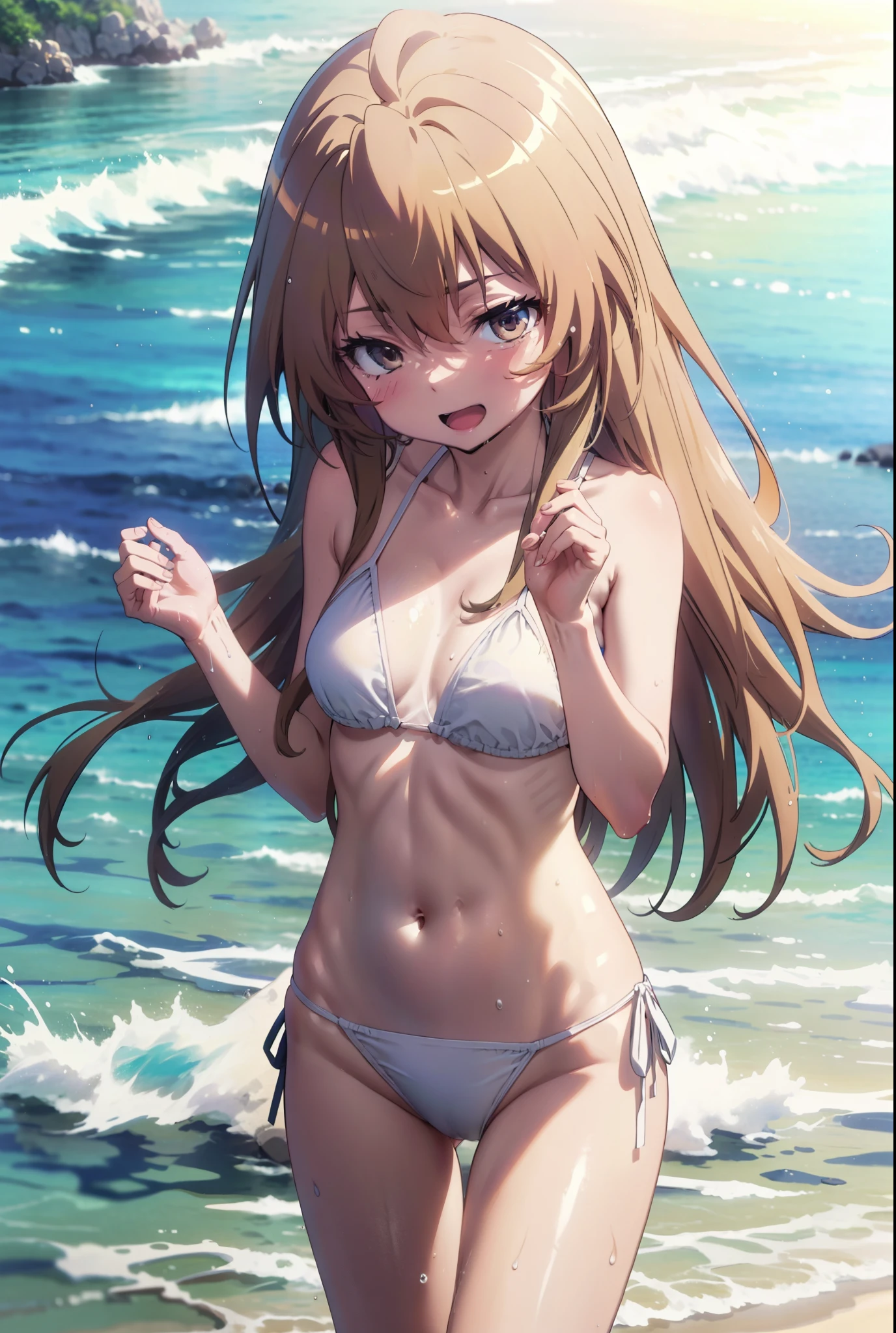 Aisaka Taiga, Aisaka Taiga, Long Hair, Brown Hair, Brown eyes,happy smile,smile, Open your mouth,White string bikini swimsuit,barefoot,Water Play,Wet swimsuit,Wet Hair,Wet Skin,whole bodyがイラストに入るように, break looking at viewer, whole body, (Cowboy Shot:1. 5)
break outdoors,Beach,Ocean,
break (masterpiece:1.2), Highest quality, High resolution, unity 8k wallpaper, (shape:0.8), (Beautiful attention to detail:1.6), Highly detailed face, Perfect lighting, Highly detailed CG, (Perfect hands, Perfect Anatomy),