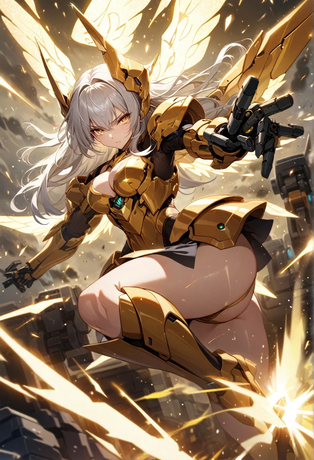 score_9_up, score_8_up, score_7_up, source_anime,masterpiece, best quality, high resolution, extremely detailed CG, absurdres, highres, 1girl, solo, a mecha girl in golden armor with glowing mecha_wings fights at battlefield, ((body surrounded by yellow Battle Aura and lighting)), wings of light, long hair, white_hair, glaring, cleavage, thighs, off-shoulder, (((Shining Armor, glittering Armor))),((mecha wings)), headgear, flying, blue sky, full body, from below, Futuristic, ((aura,Battle Aura, lighting),good_hands
