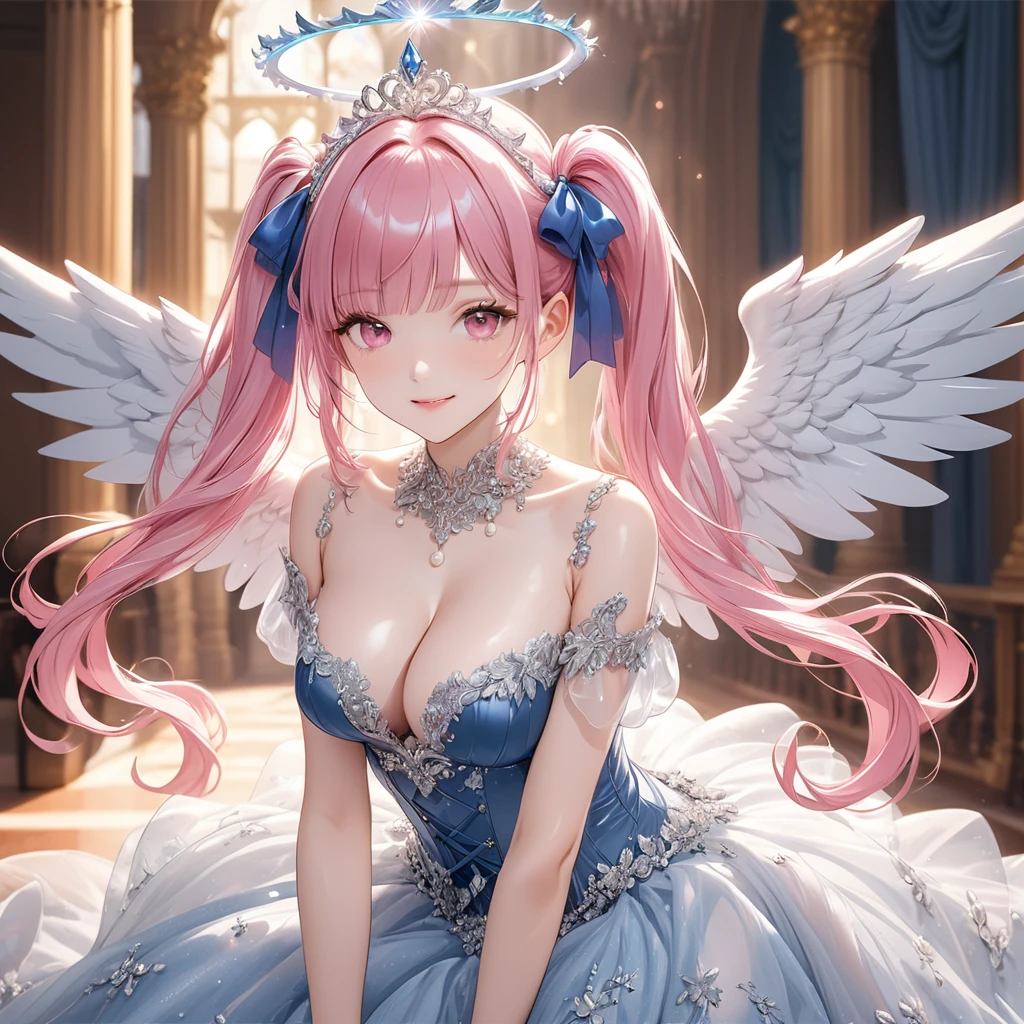 (8k, masutepiece, Best Quality, Official art, beautiful detailed, beautiful lighting, best masterpiece in history that exceeds limits), (1 Girl, solo), (sixteen years old), (beautiful detailed face), (shiny white skin), (Beautiful big bust, cleavage:1.2), (Beautiful detailed pink twintails hair, Bangs:1.3), (beautiful detailed drooping pink eyes:1.5), (Beautiful Luxurious blue Princess Dresses, See-through intricate lace, cute bow ribbon, a lot of see-through frill, sheer chiffon material, silver thread, Diamond, pearl, corset), (Beautiful Luxurious Diamonds Tiara), (happy smile:1.2), breathtaking scenery, (Attractive, Look at the camera, cute pose),(Beautiful fantastic angel wings, halo:1.3)