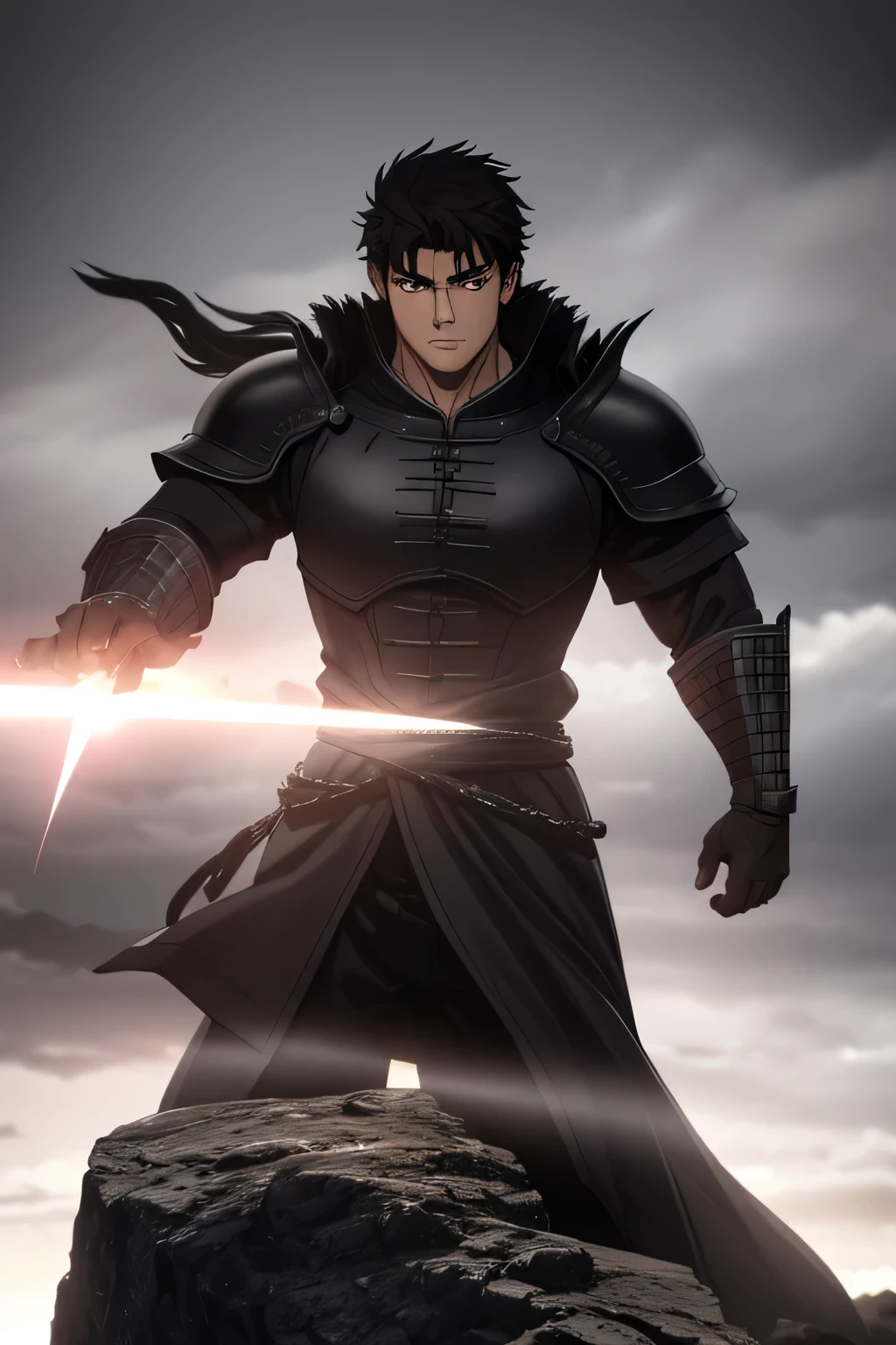 **"Create a dynamic scene featuring Guts from *Berserk*, standing atop a rocky cliff under a stormy sky. He is clad in his iconic black armor, with the Dragon Slayer sword resting on his shoulder. The wind blows through his long, dark hair, and his expression is fierce and determined. In the background, dark clouds gather, hinting at an impending battle, while flashes of lightning illuminate the scene. Capture the dark fantasy aesthetic, emphasizing the raw emotion and intensity of Guts' character."**
High Resolution, beautiful face, beautiful eyes, beautiful mouth, beautiful hands, beautiful sword