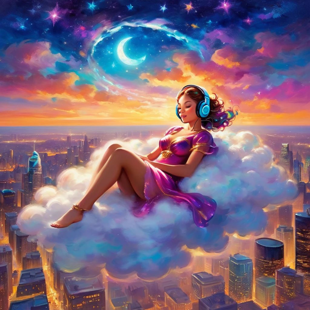 A stunningly woman wearing headphones and composed of a dazzling array of colors of stardust, lays gracefully on a  fluffy cloud in the sky. Bathed in dynamic and enchanting night  lighting, accentuates her vibrant, full-bodied form. Floating above a cityscape night. Twinkle stars and glowing moon. Fantasy art. Masterpiece 