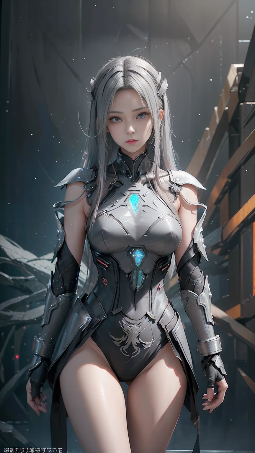 masterpiece,Game Art,Best picture quality,Maximum resolution,8k,(Upper Body),Unreal Engine 5 rendering works,(Digital Photography),((Upper BodyFeature:1.5)), 20 year old girl,Short hair details,Long bangs,(The red eye makeup is carefully applied),(With long gray hair:1.4),(Small breasts),Elegance and nobility,Brave and charming, (Standing dynamic posture),(The future armor combines the characteristics of Chinese armor,hollow-carved design,Power Armor,Mysterious oriental runes,Exquisite clothing patterns,Magic Flash),Future Warrior,Cyberpunk Characters,War Background, light,Ray Tracing,Game CG,((3D Unreal Engine)),OC rendering reflection mode